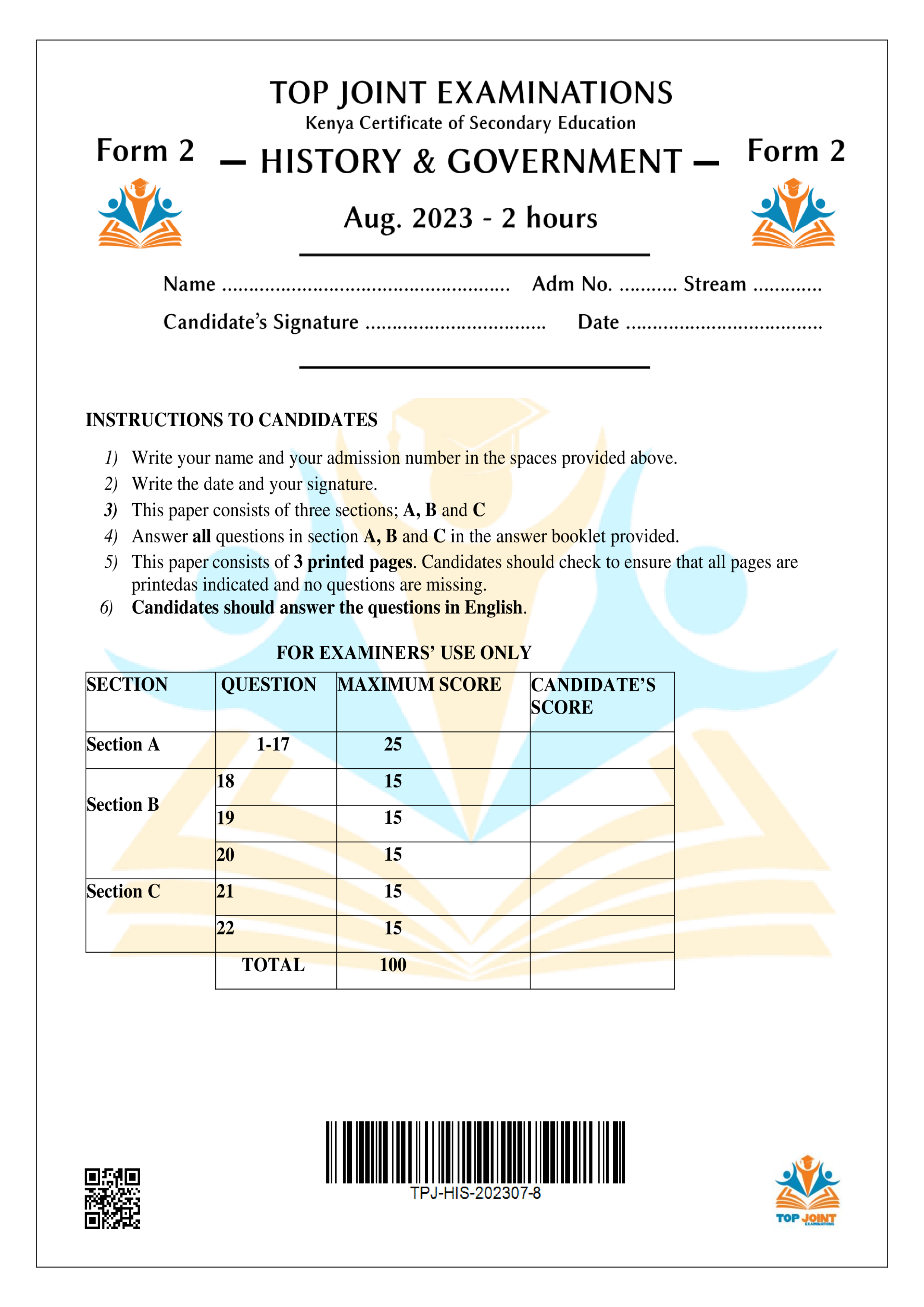 HISTORY AND GOVERNMENT FORM 2 END TERM 2 2023