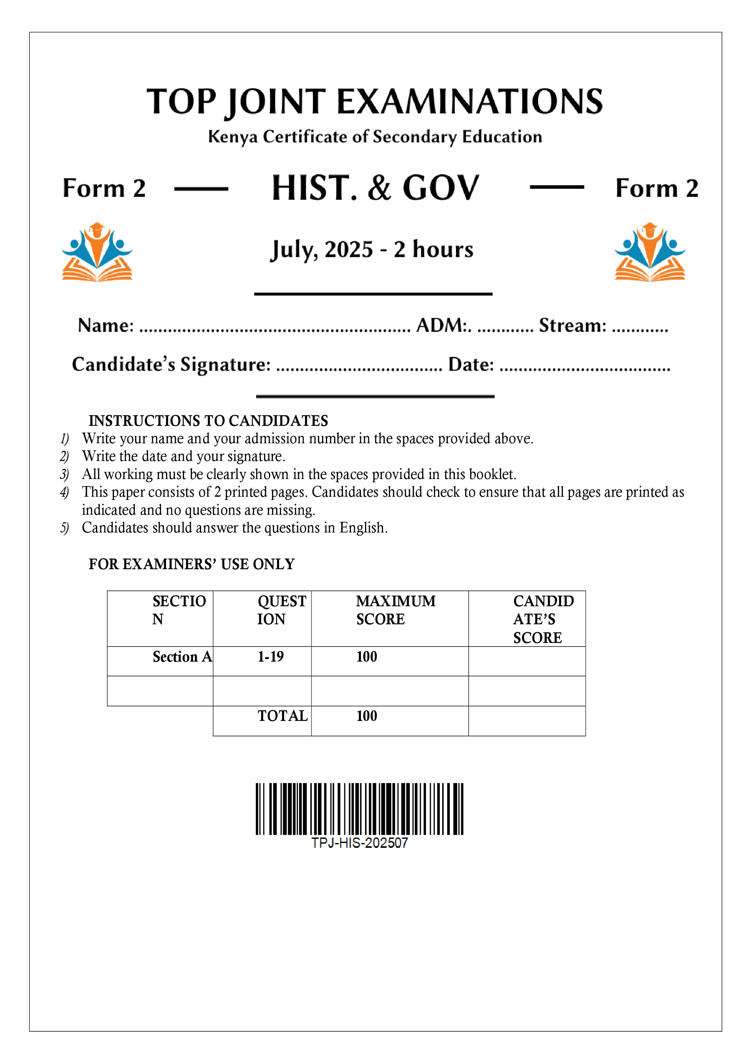HISTORY FORM 2 END TERM 2 2025