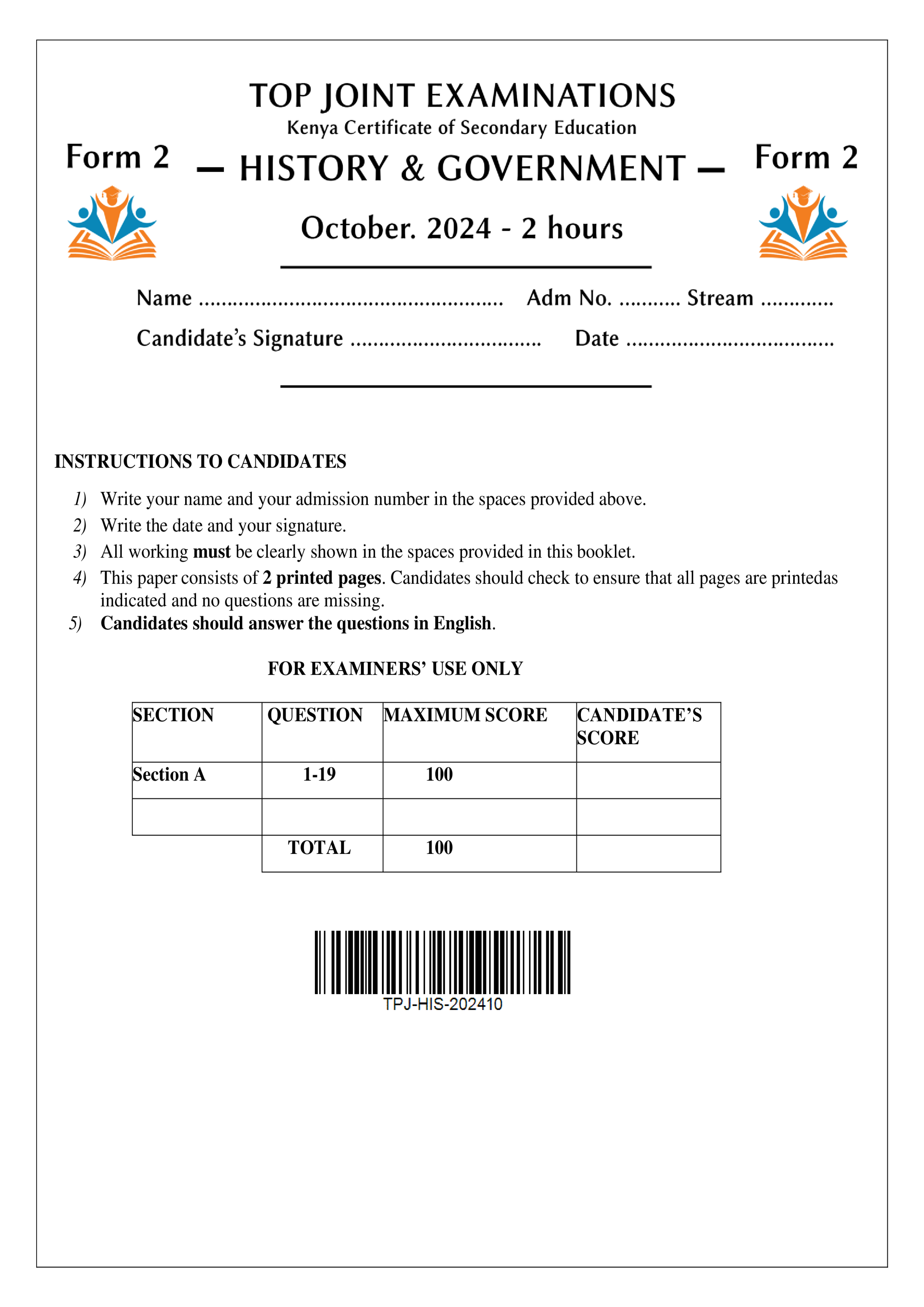 HISTORY AND GOVERNMENT FORM 2 END TERM 3 2024