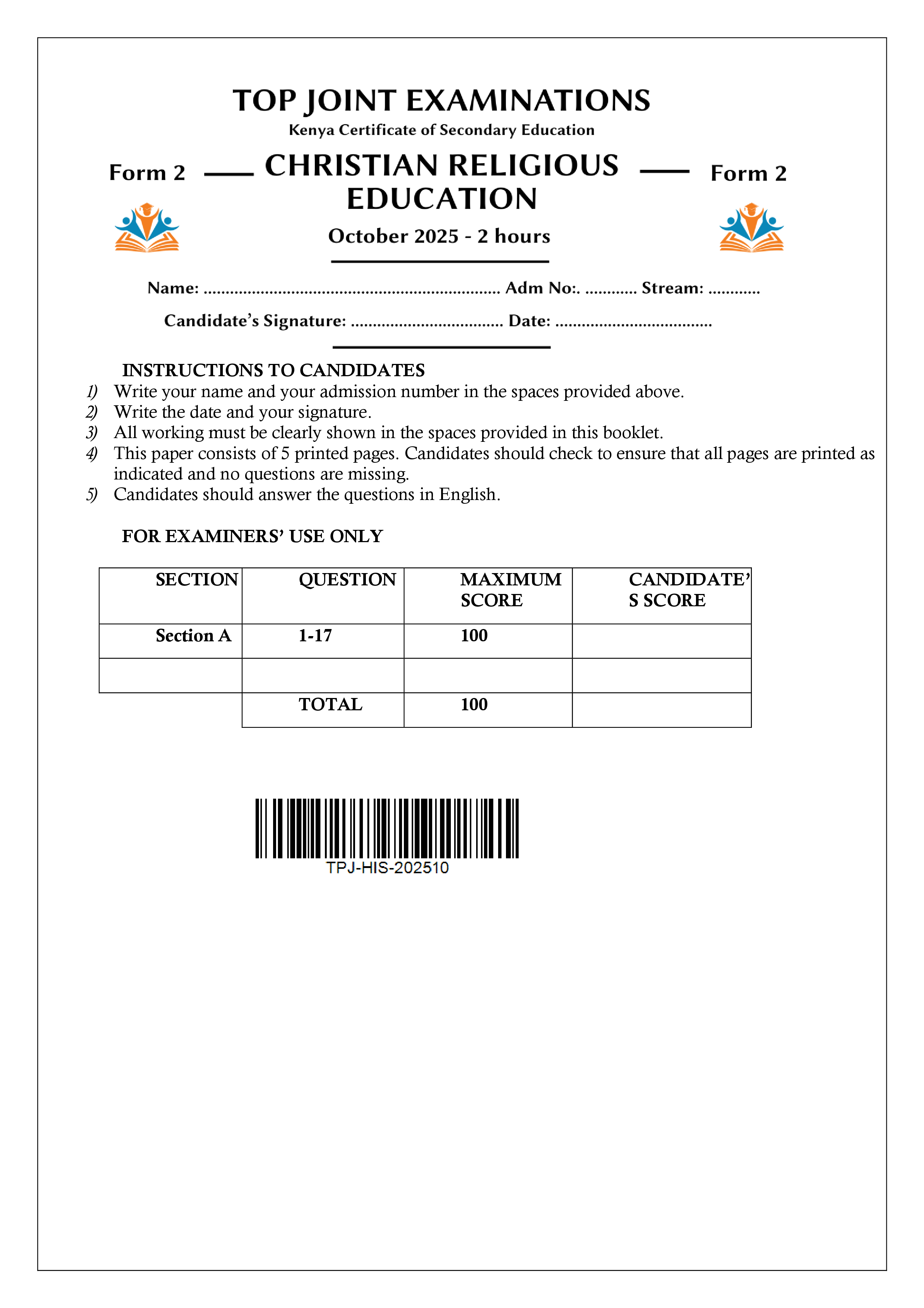 HISTORY FORM 2 END TERM 3 2025