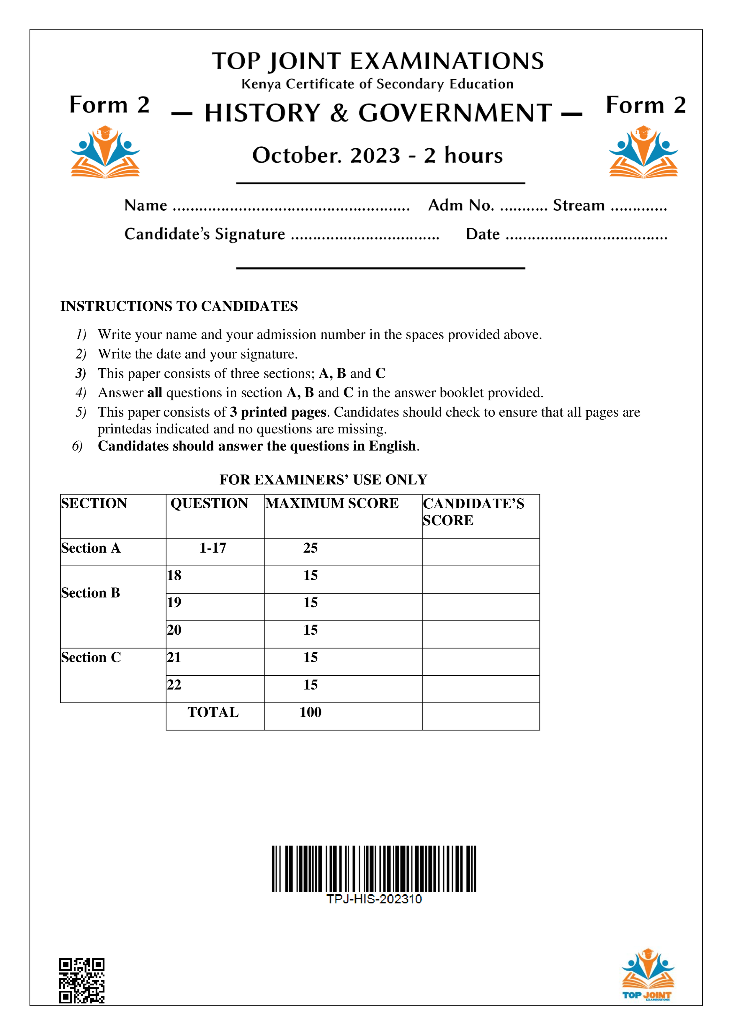 HISTORY & GOVERNMENT FORM 2 END TERM 3 2023