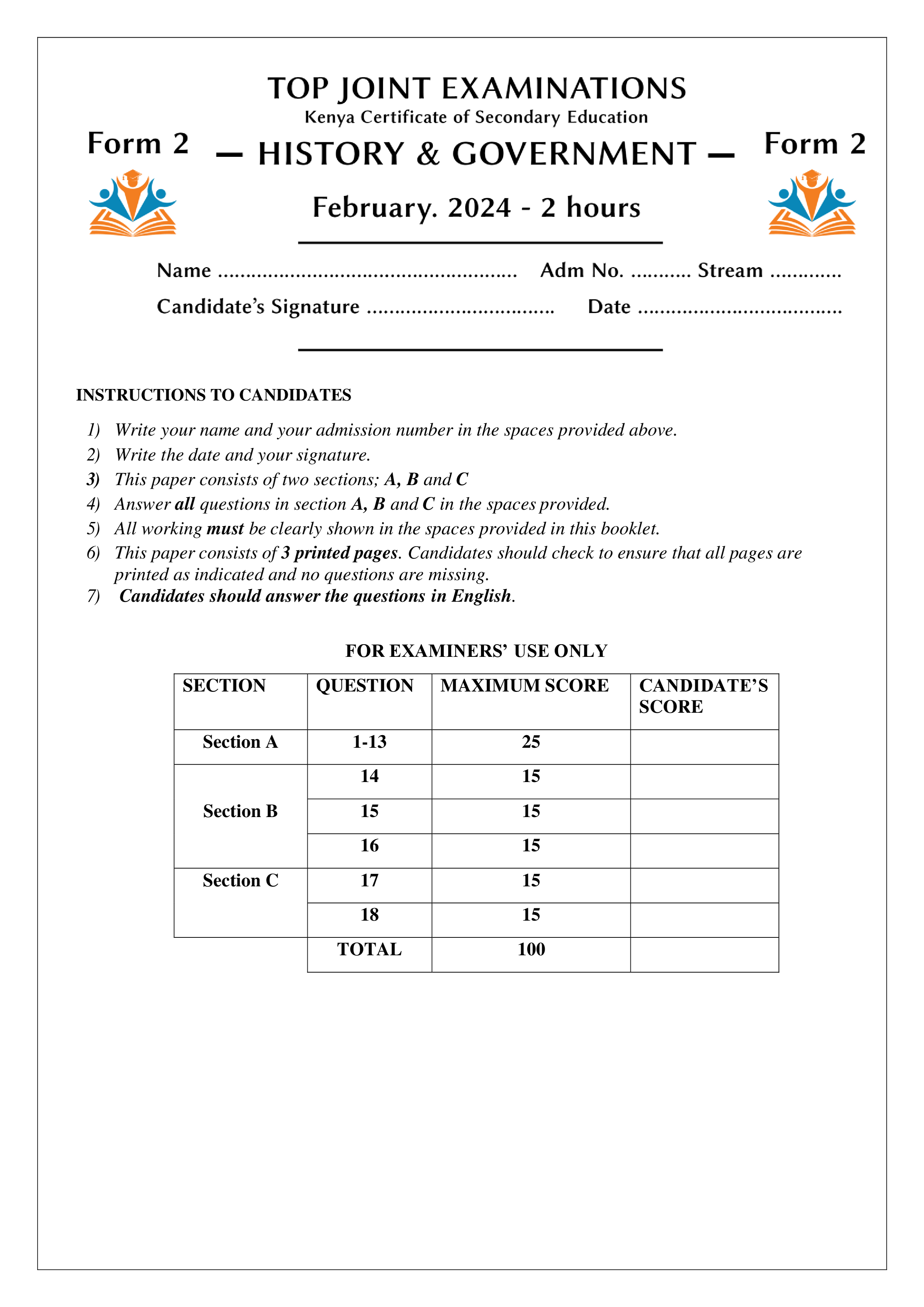 HISTORY AND GOVERNMENT FORM 2 MID TERM 1 2024