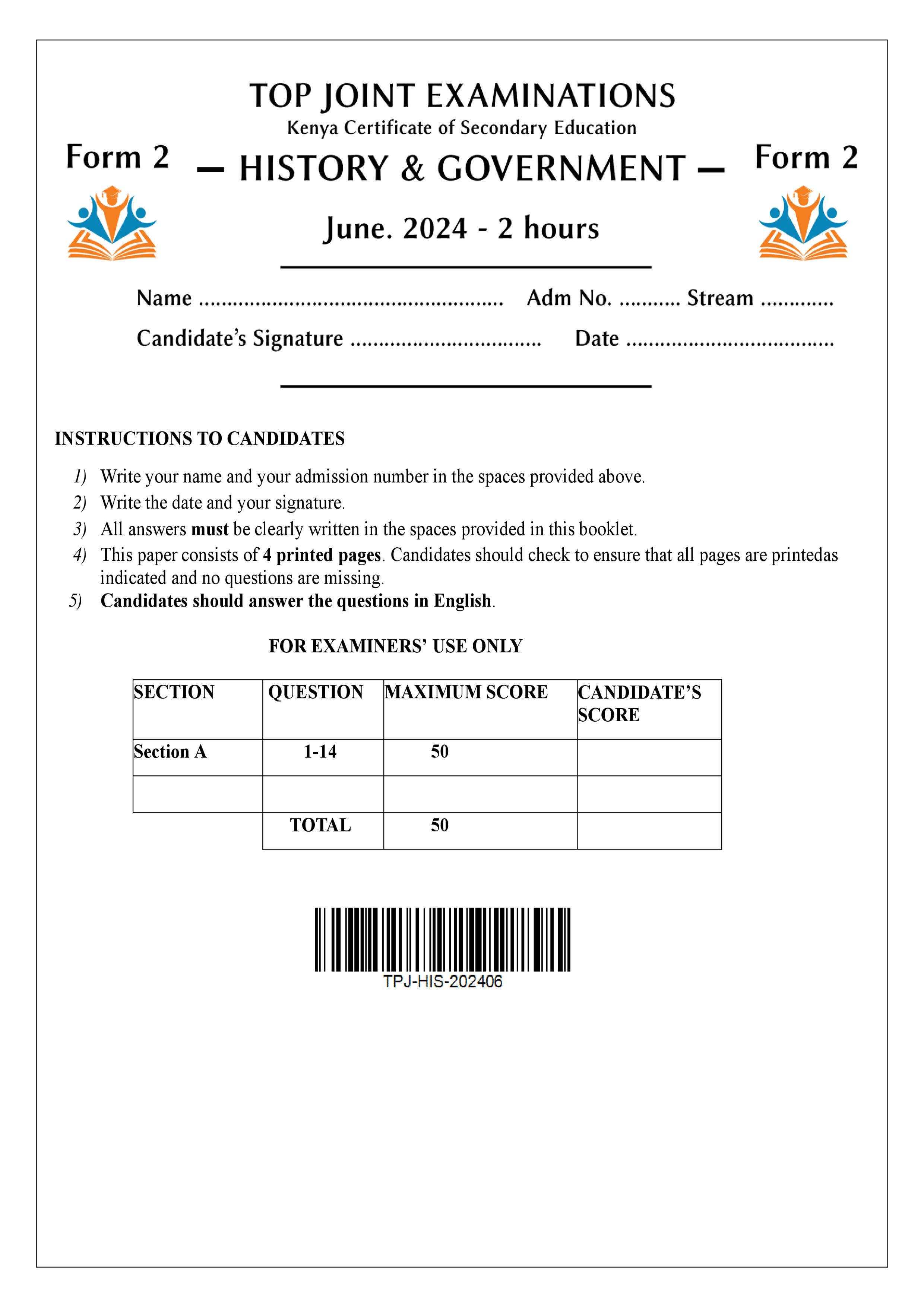 HISTORY & GOVERNMENT FORM 2 MID TERM 2 2024