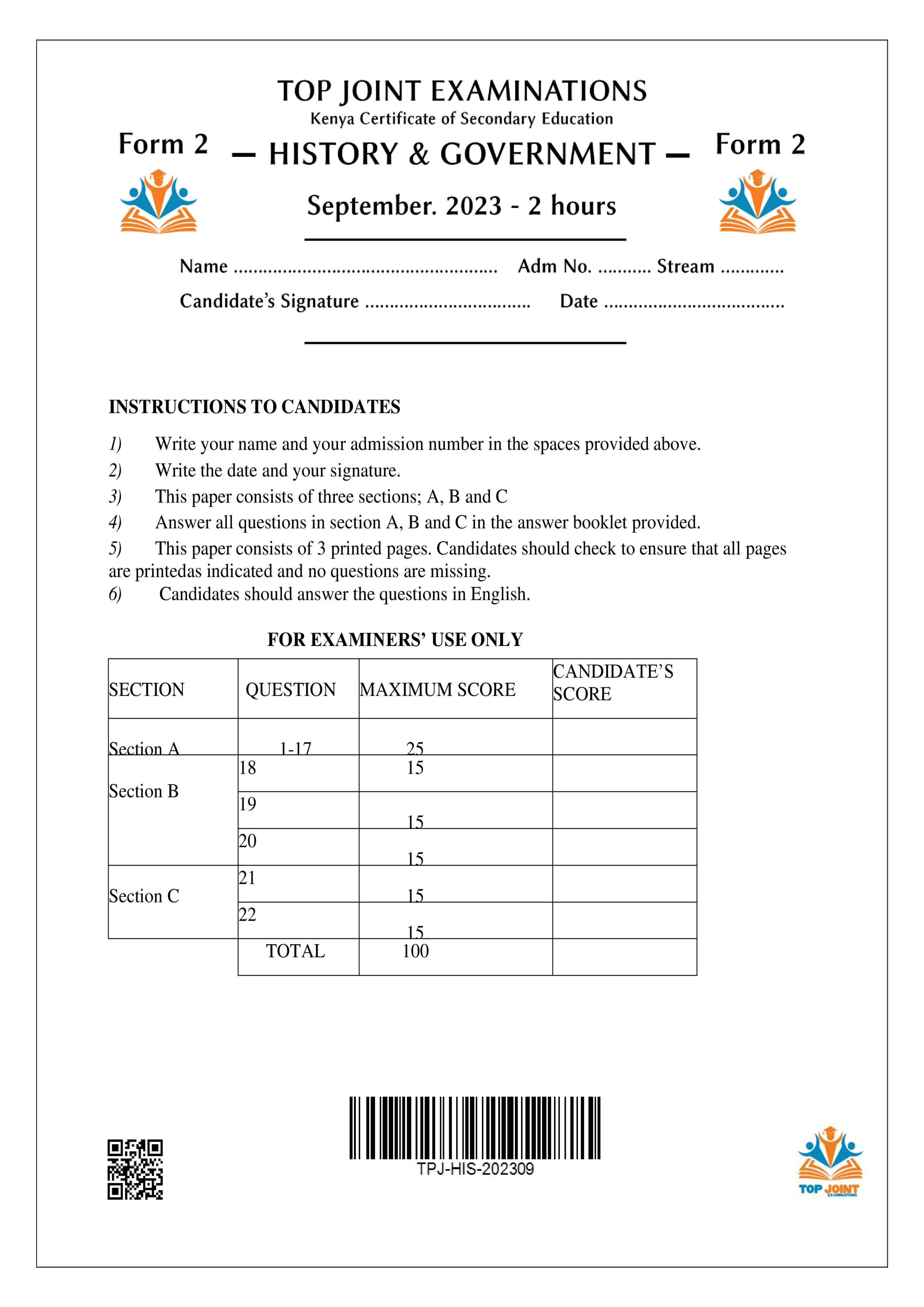 HISTORY AND GOVERNMENT FORM 2 OPENER TERM 3 2023