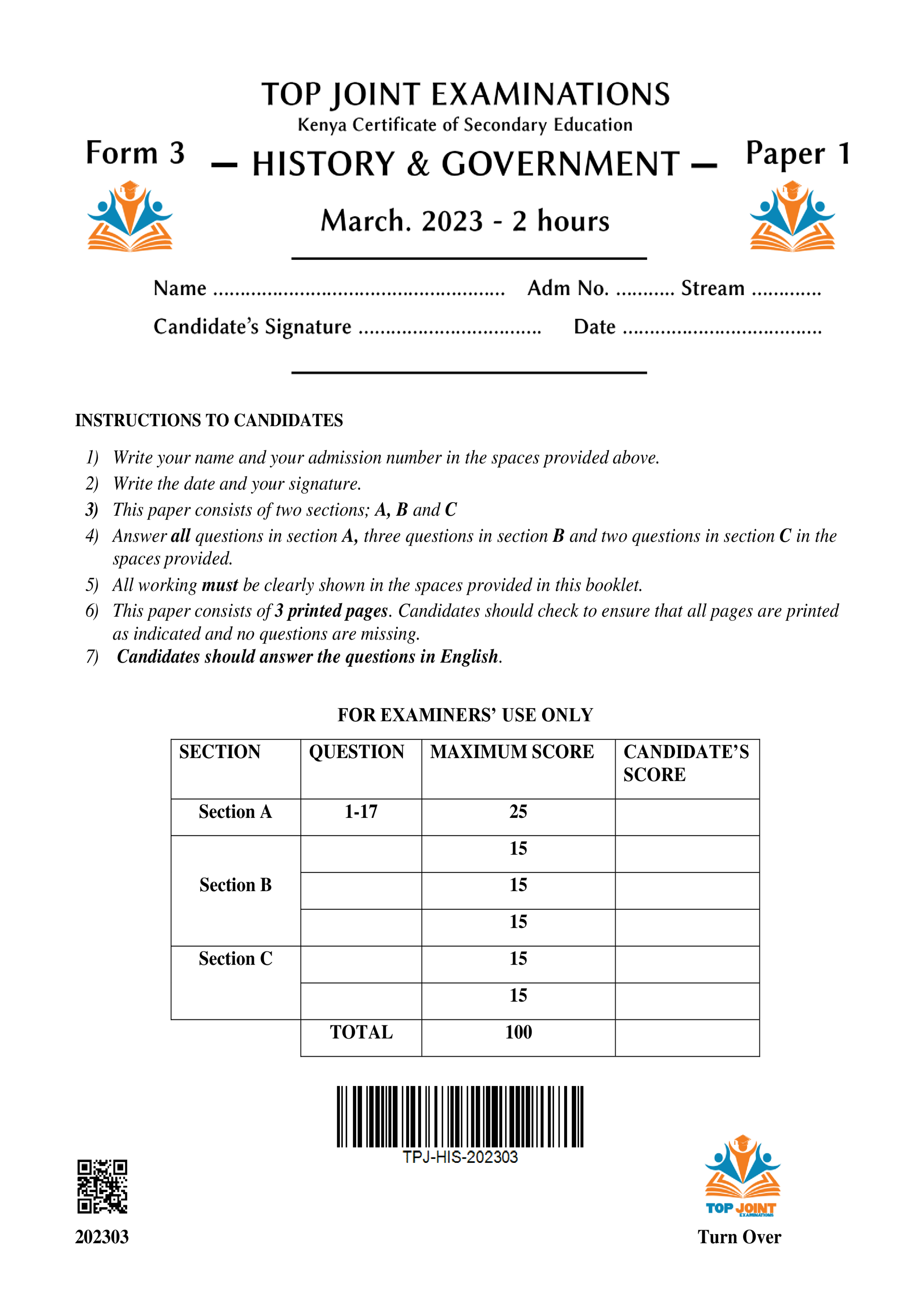 HISTORY & GOVERNMENT FORM 3 MID TERM 1 2023