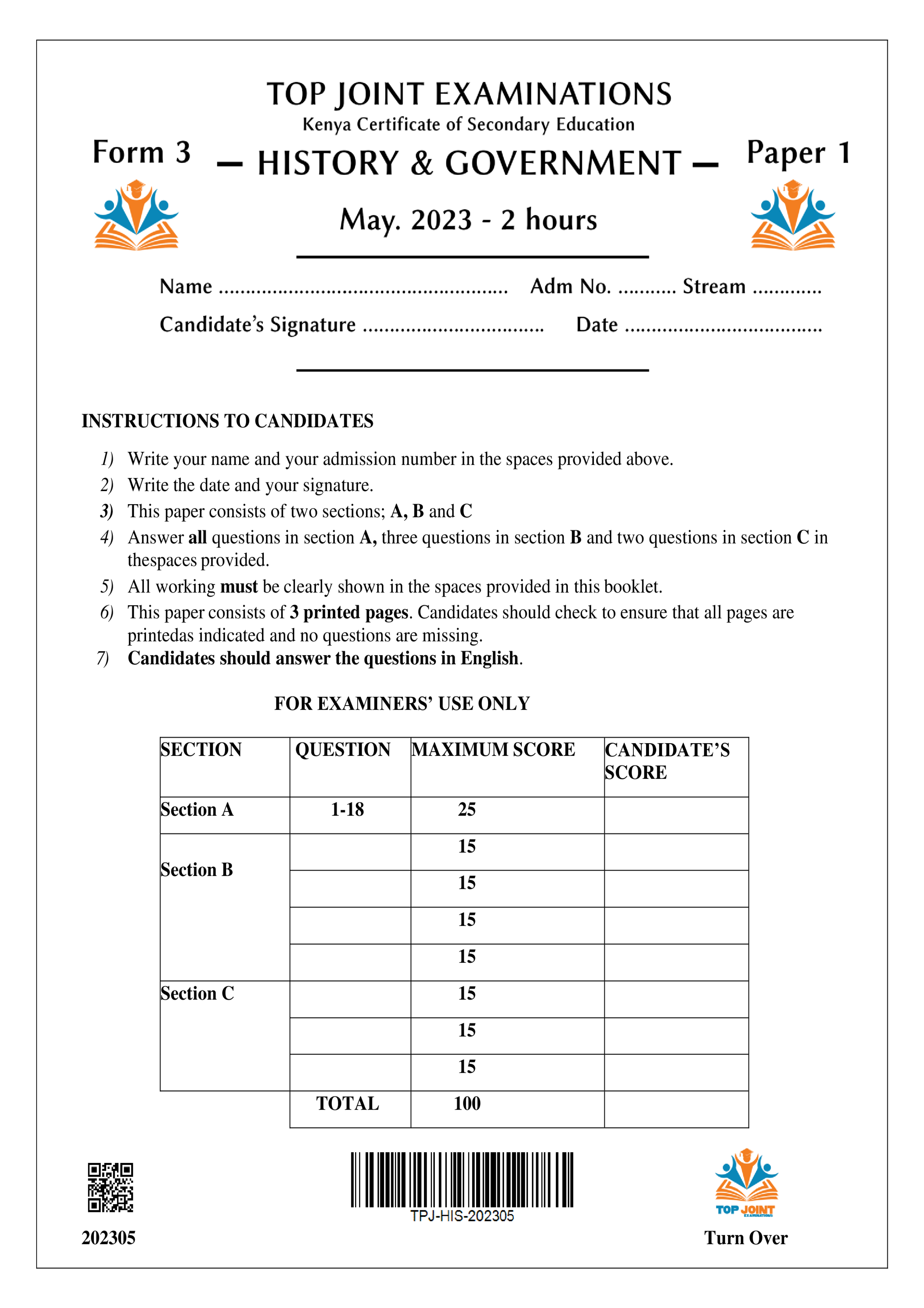 HISTORY & GOVERNMENT FORM 3 OPENER TERM 2 2023