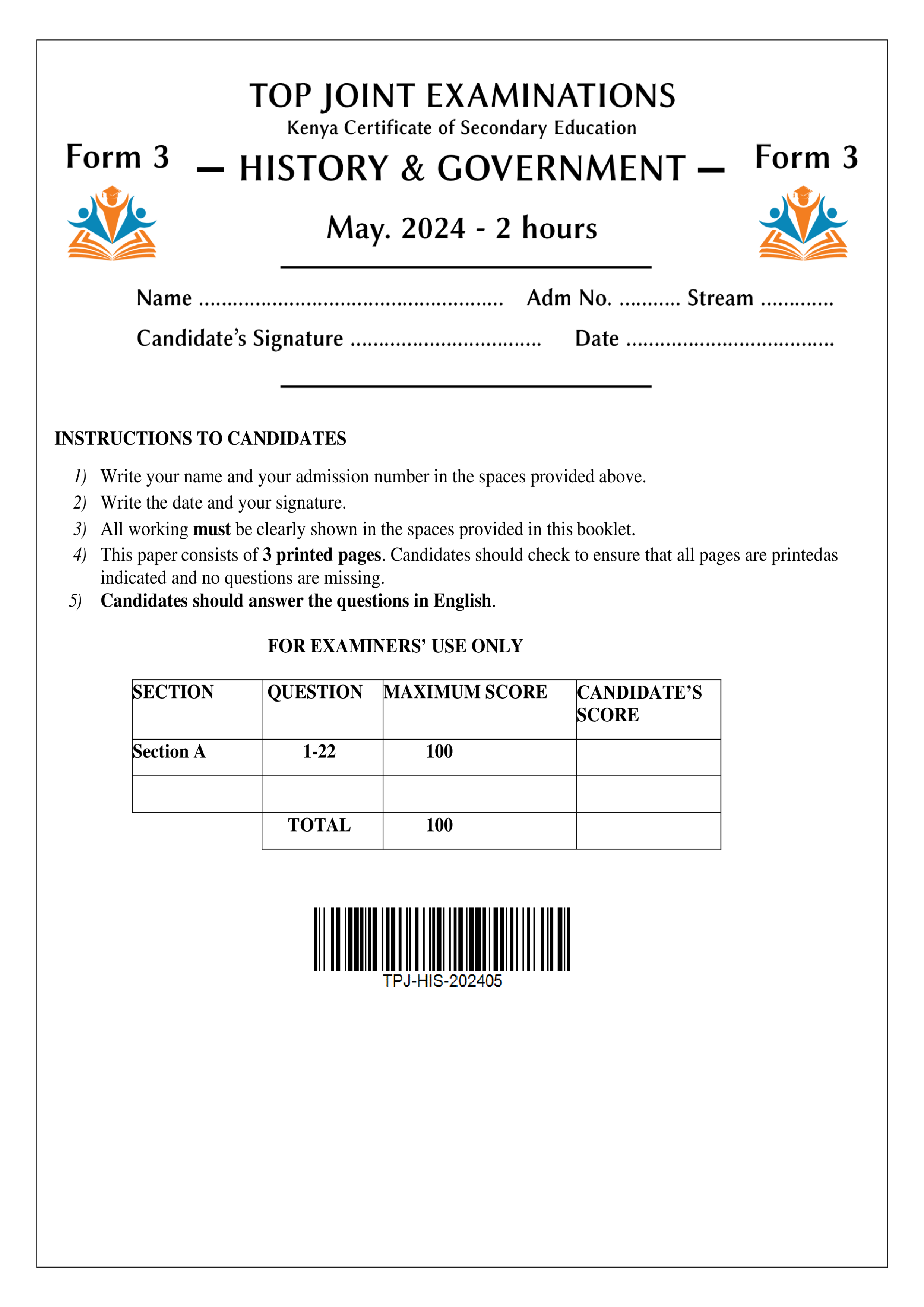 HISTORY AND GOVERNMENT FORM 3 OPENER TERM 2 2024