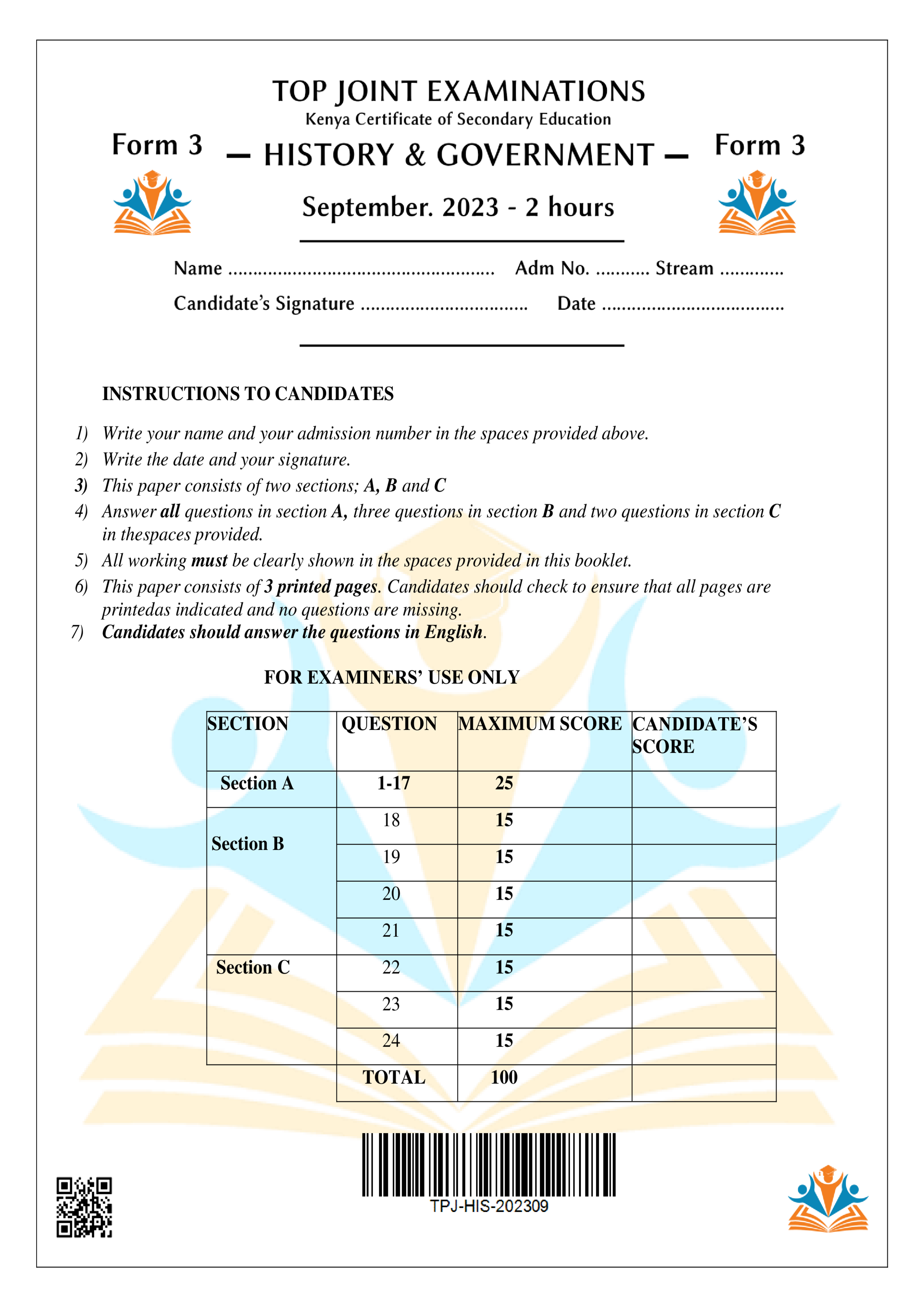 HISTORY AND GOVERNMENT FORM3 OPENER TERM 3 2023