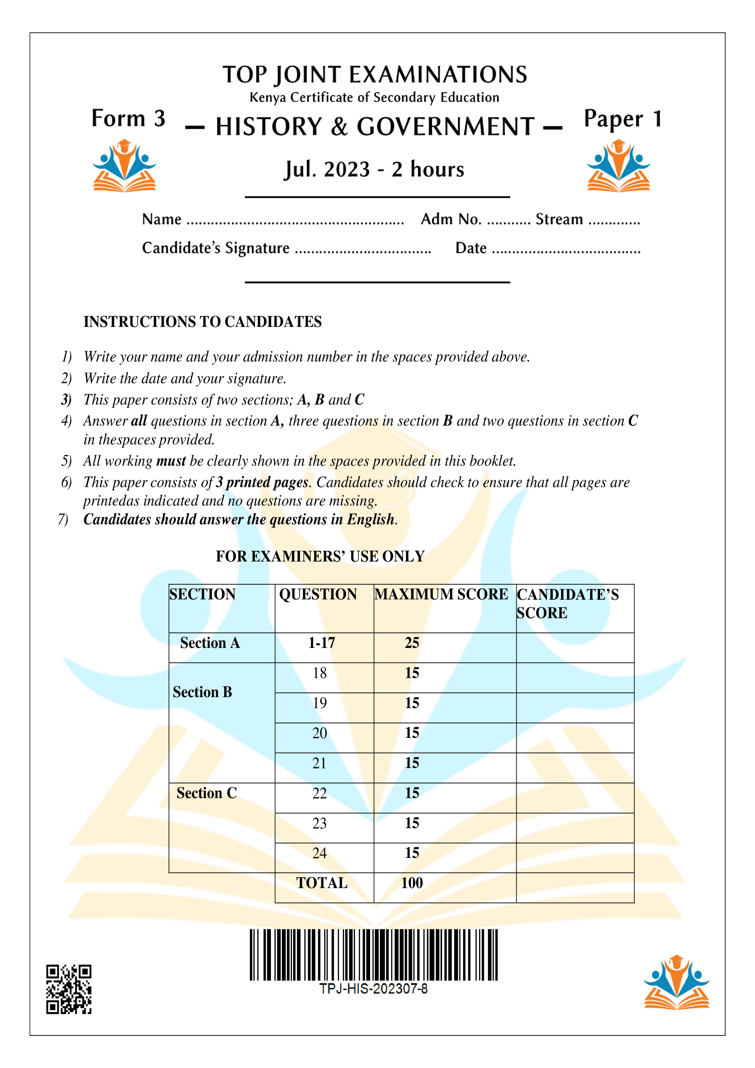 HISTORY AND GOVERNMENT FORM 3 PAPER 1 END TERM 2 2023