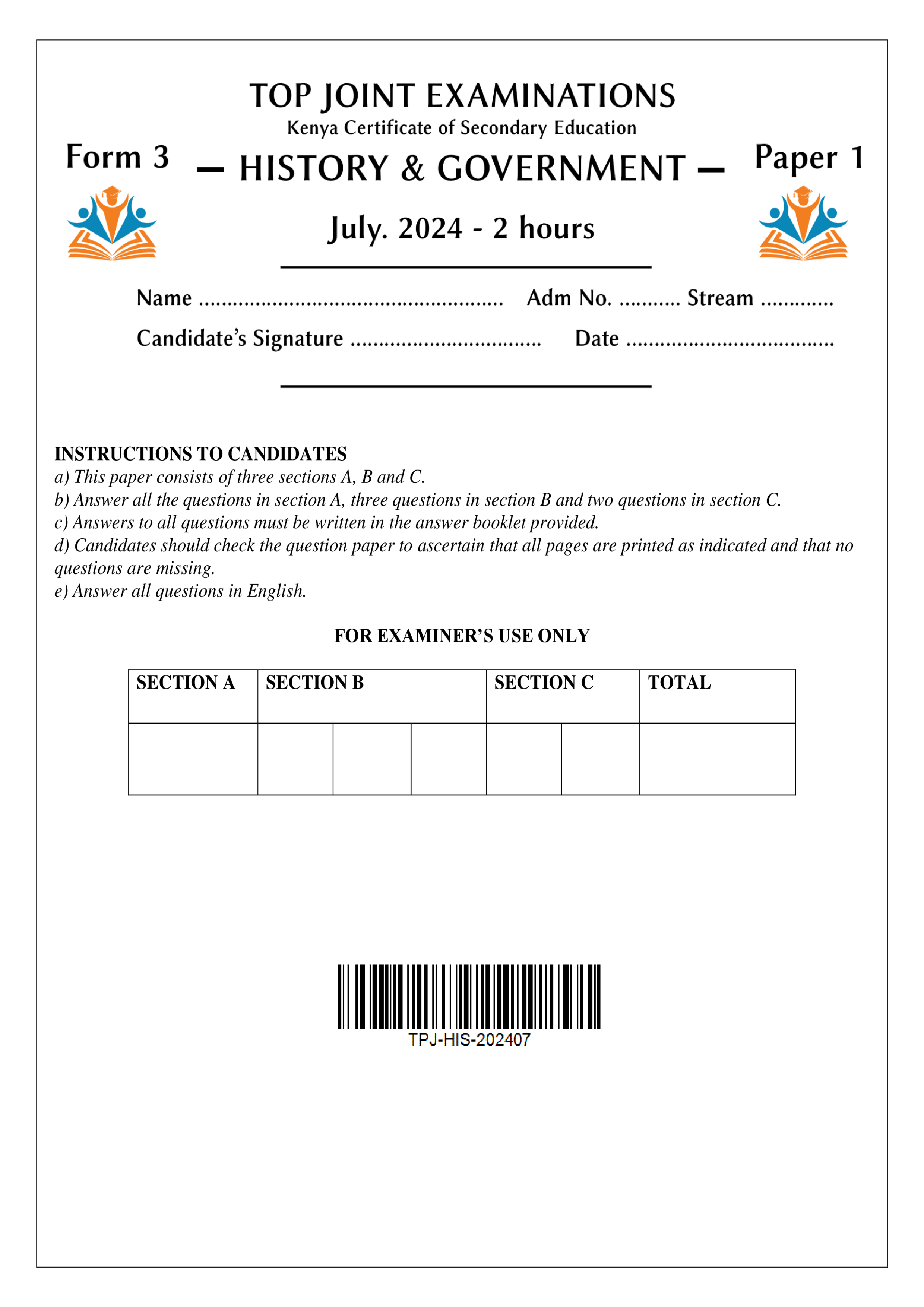 HISTORY & GOVERNMENT FORM 3 PAPER 1 END TERM 2 2024