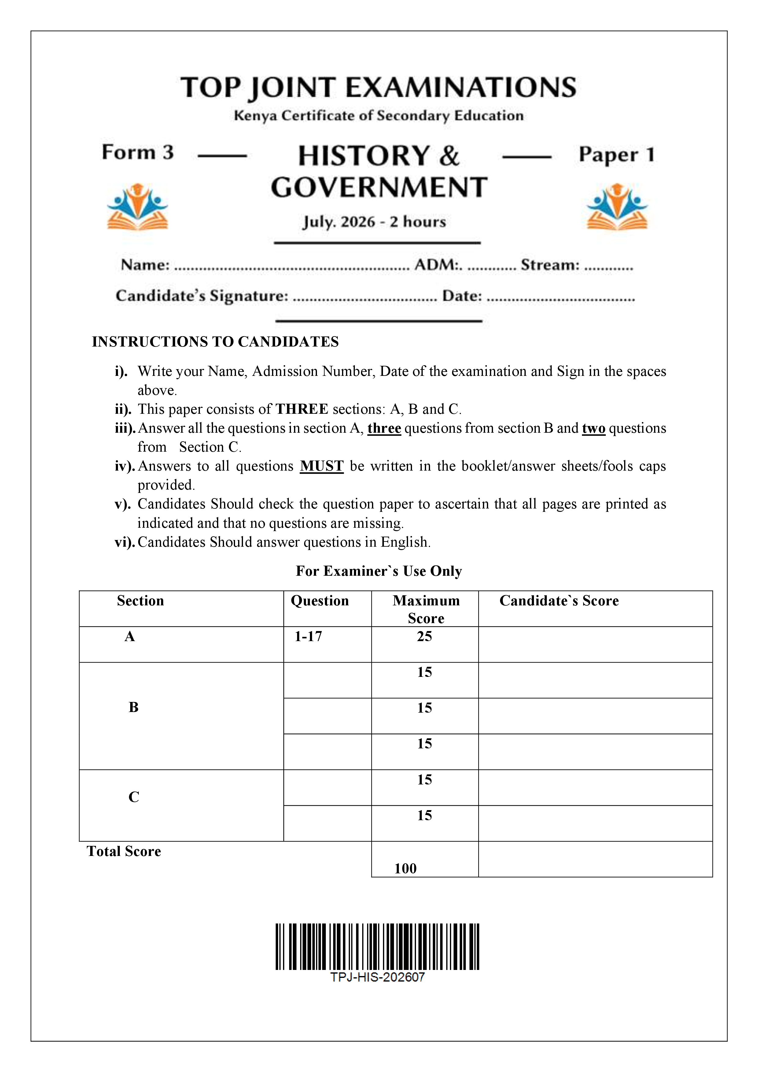 HISTORY FORM 3 PAPER 1 END TERM 2 2026