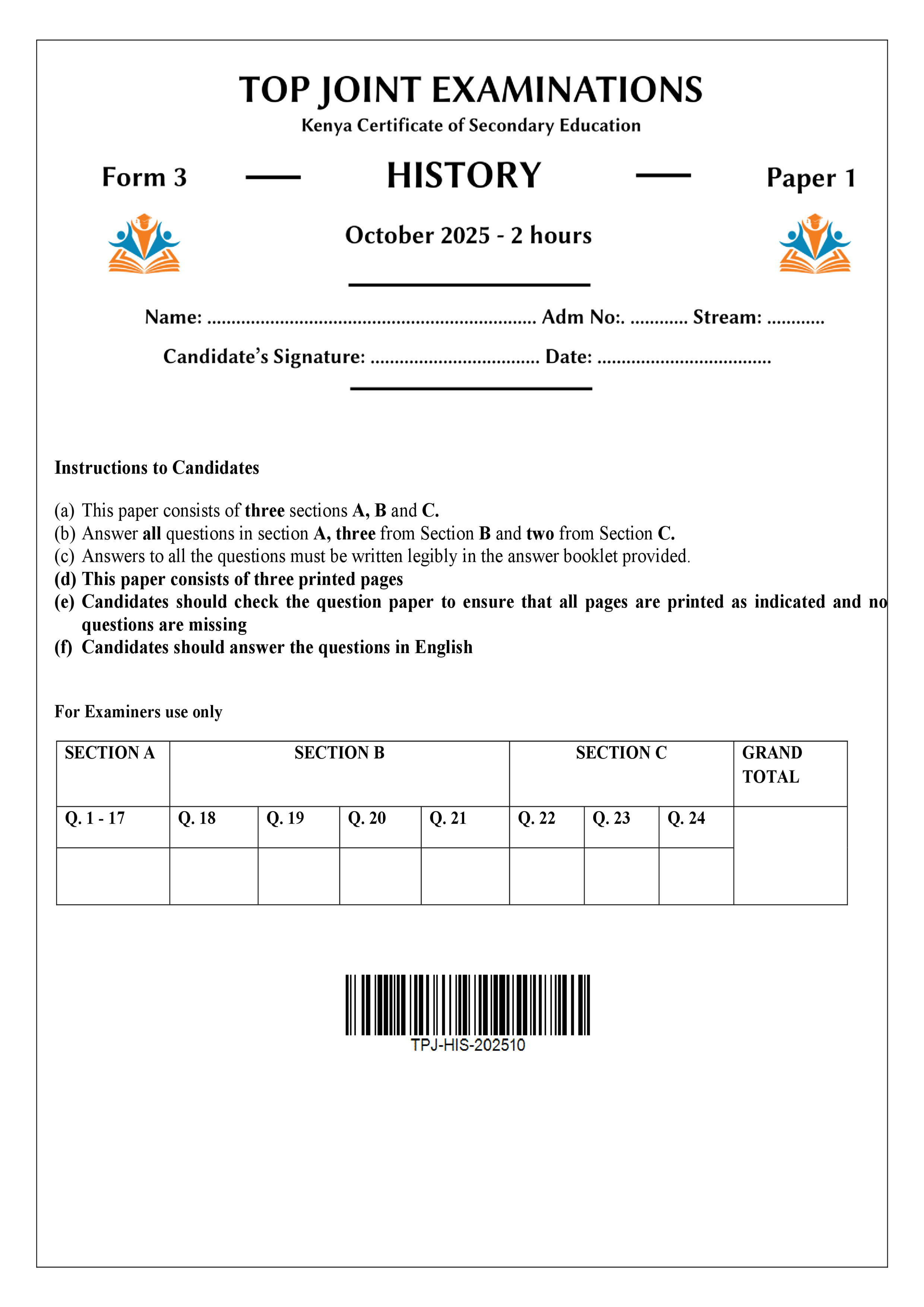 HISTORY FORM 3 PAPER 1 END TERM 3 2025