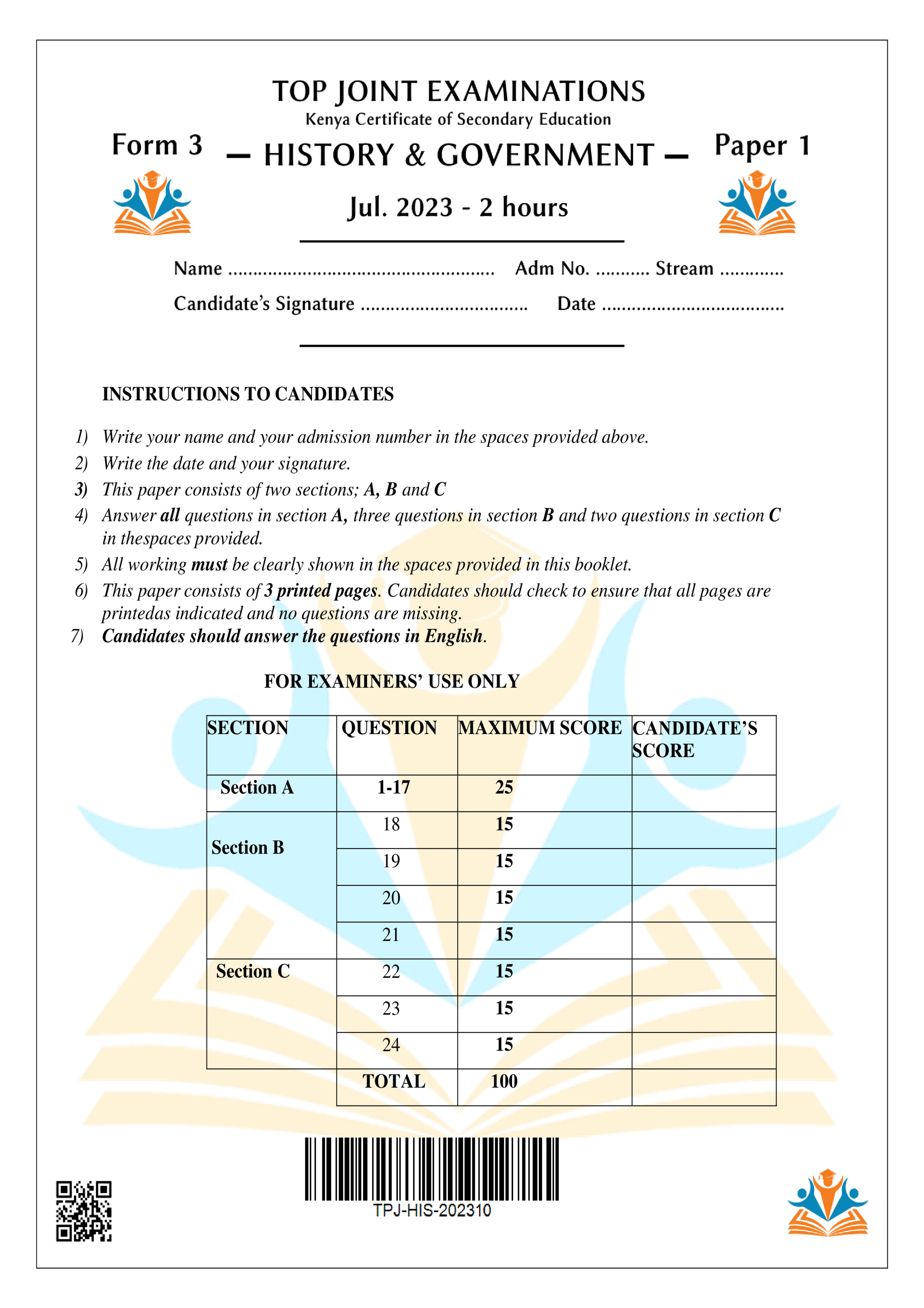 HISTORY & GOVERNMENT FORM 3 PAPER 1 END TERM 3 2023
