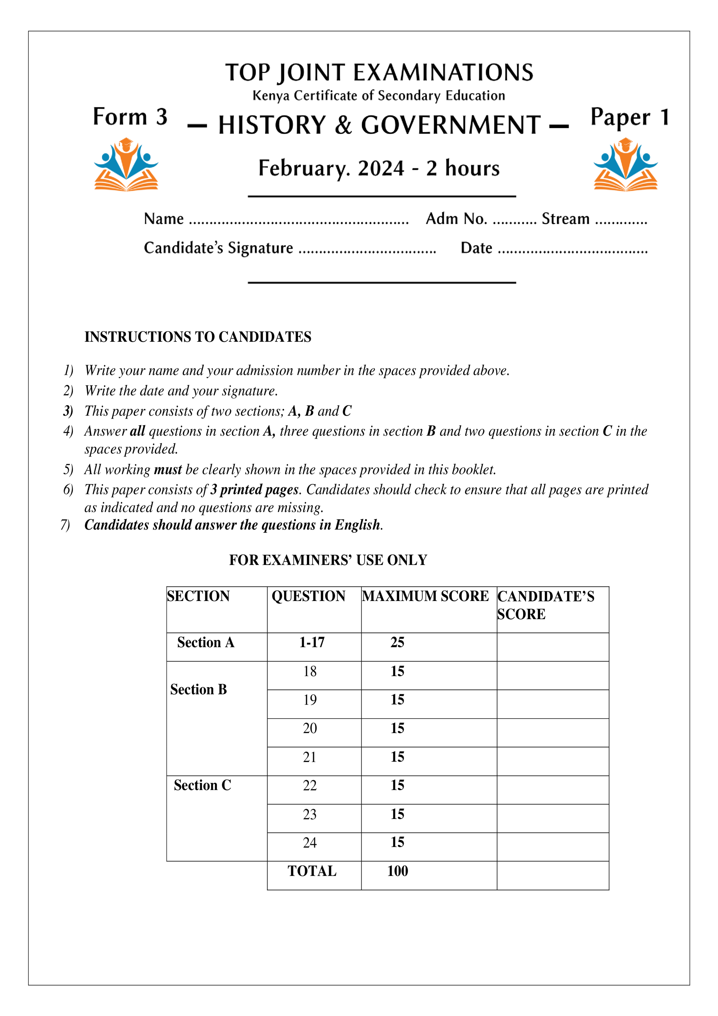 HISTORY AND GOVERNMENT FORM 3 PAPER 1 MID TERM 1 2024