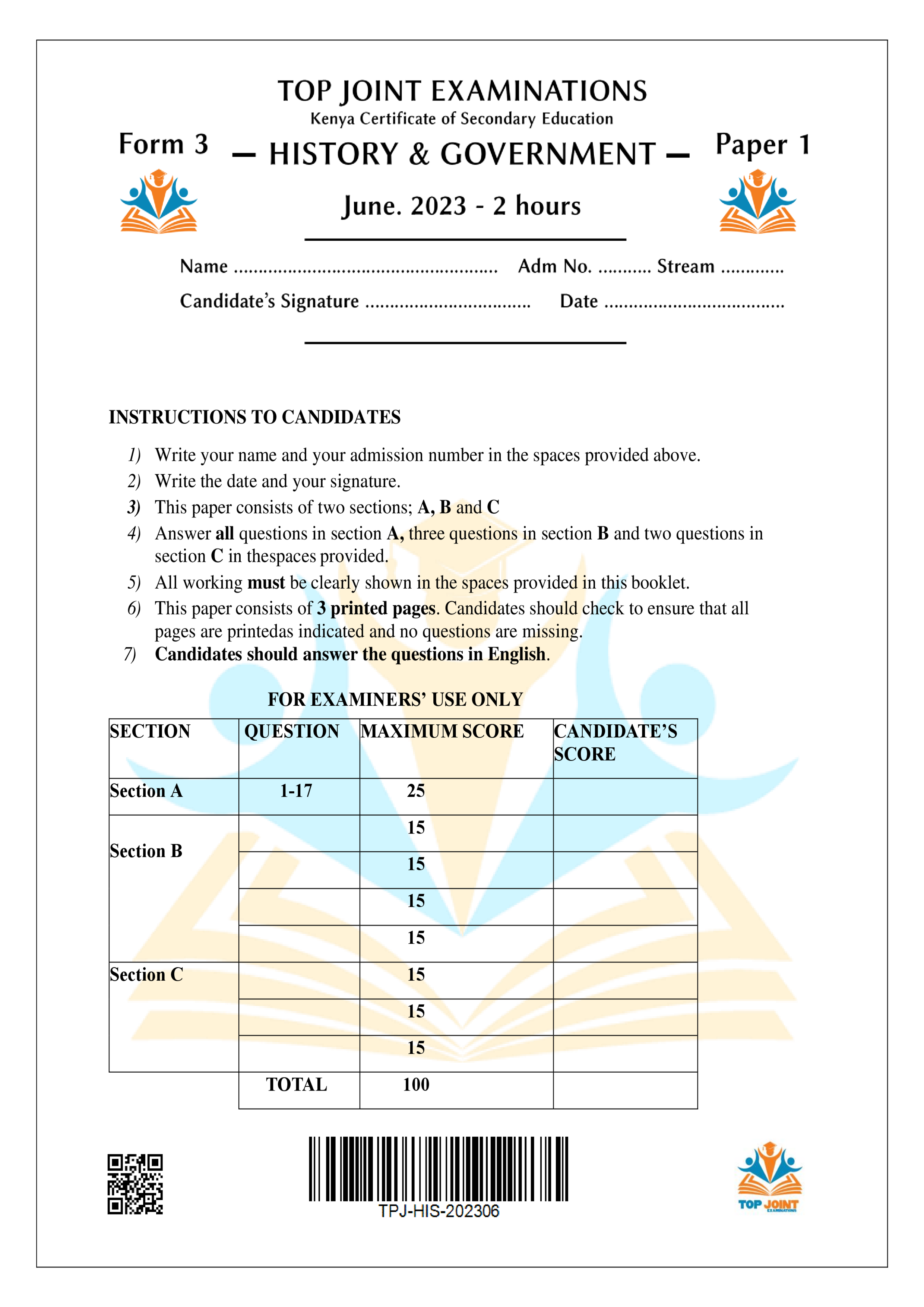 HISTORY & GOVERNMENT FORM 3 PAPER 1 MID TERM 2 2023