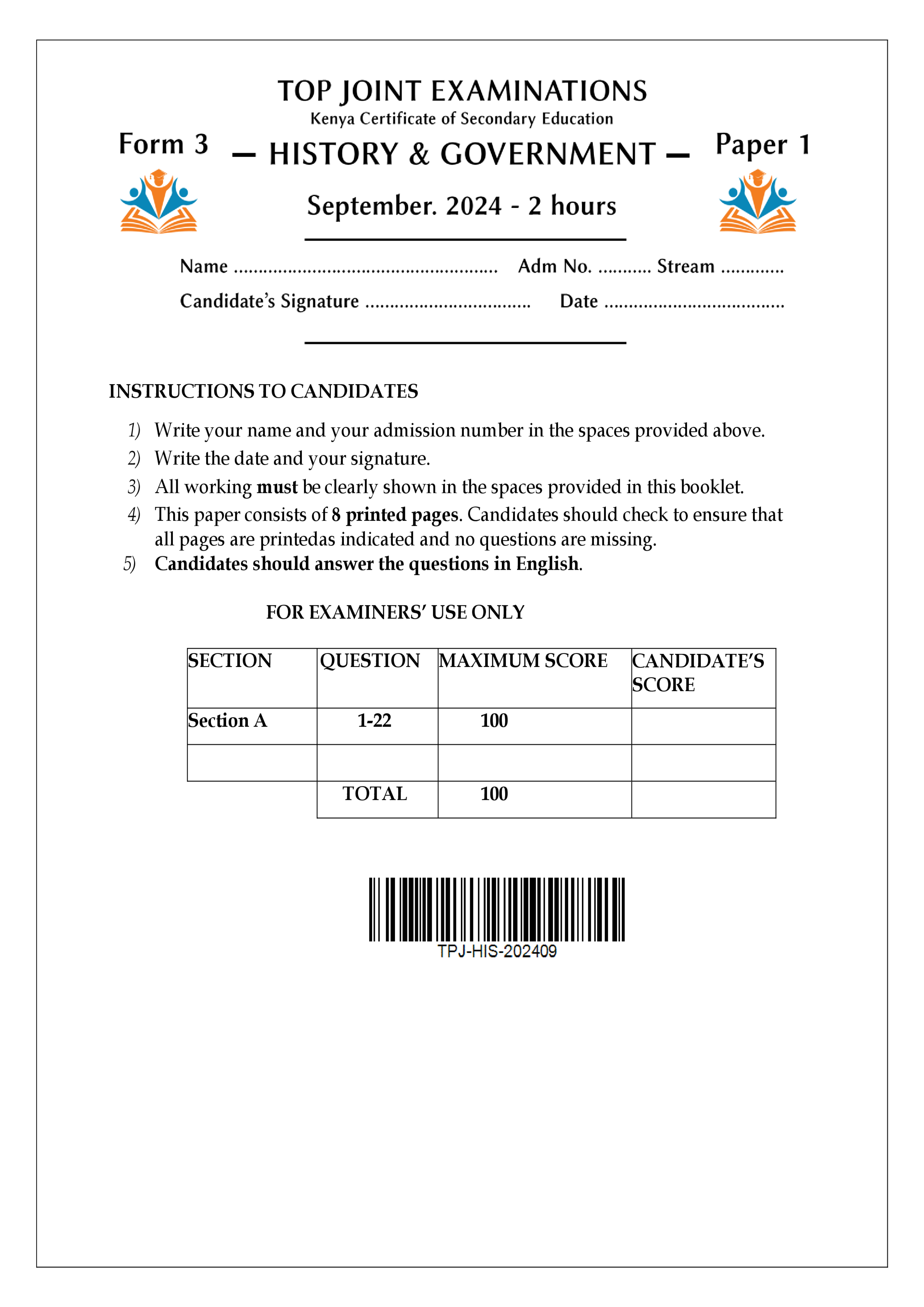 HISTORY AND GOVERNMENT FORM 3 SERIES 1 TERM 3 2024