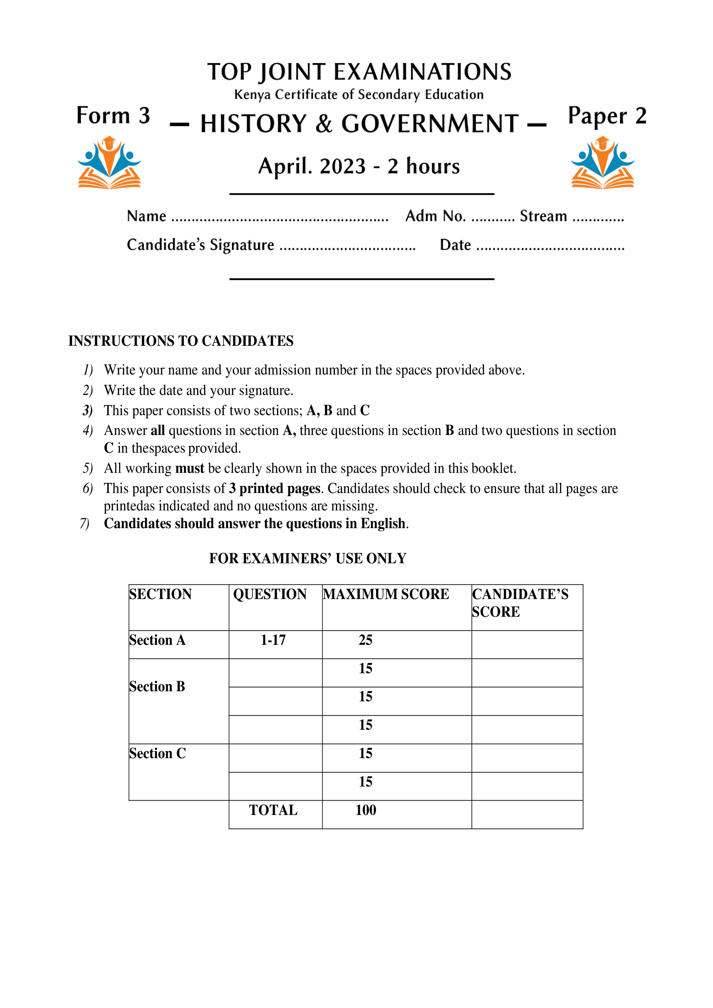 HISTORY & GOVERNMENT FORM 3 PAPER 2 END TERM 1 2023