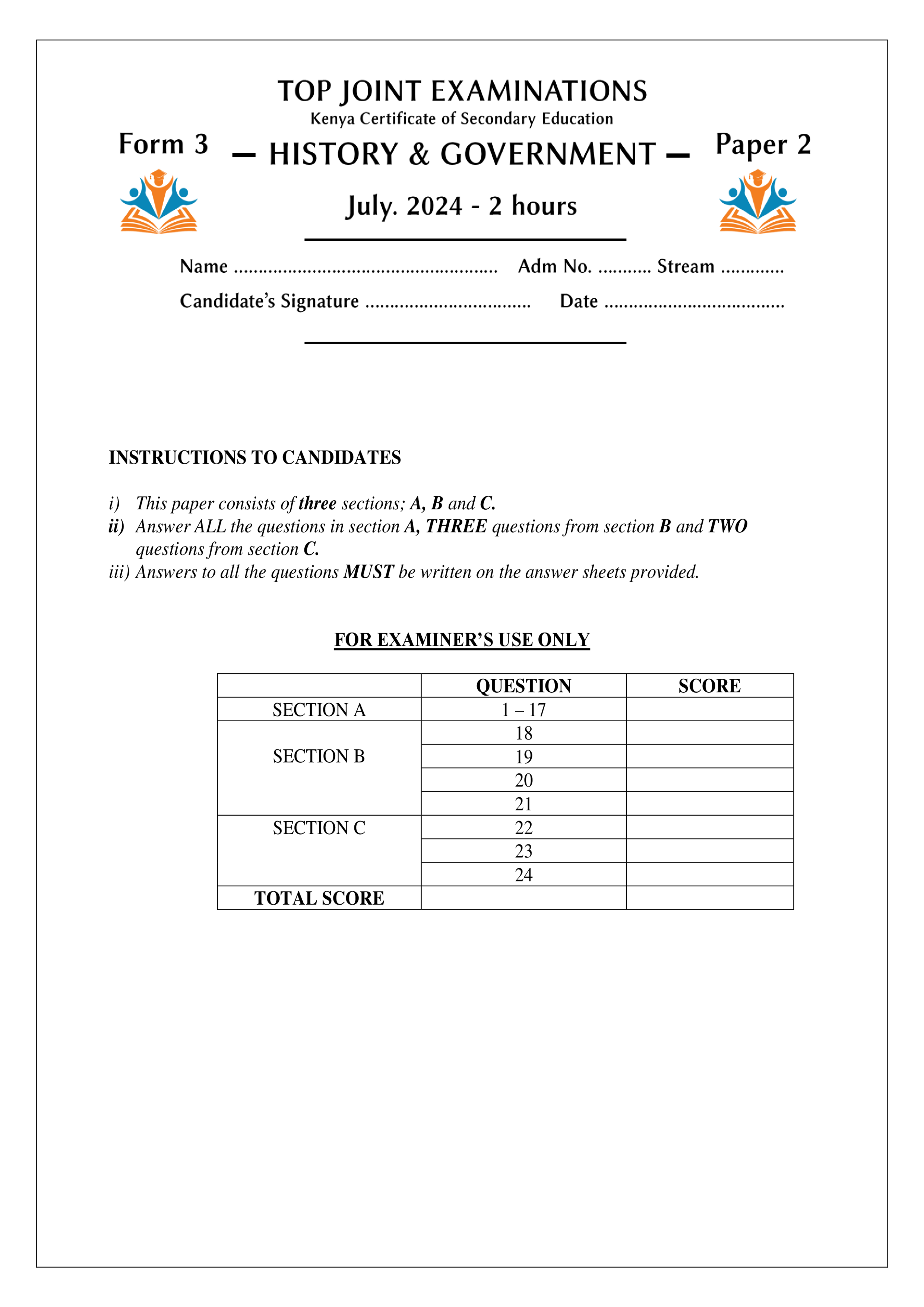 HISTORY & GOVERNMENT FORM 3 PAPER 2 END TERM 2 2024