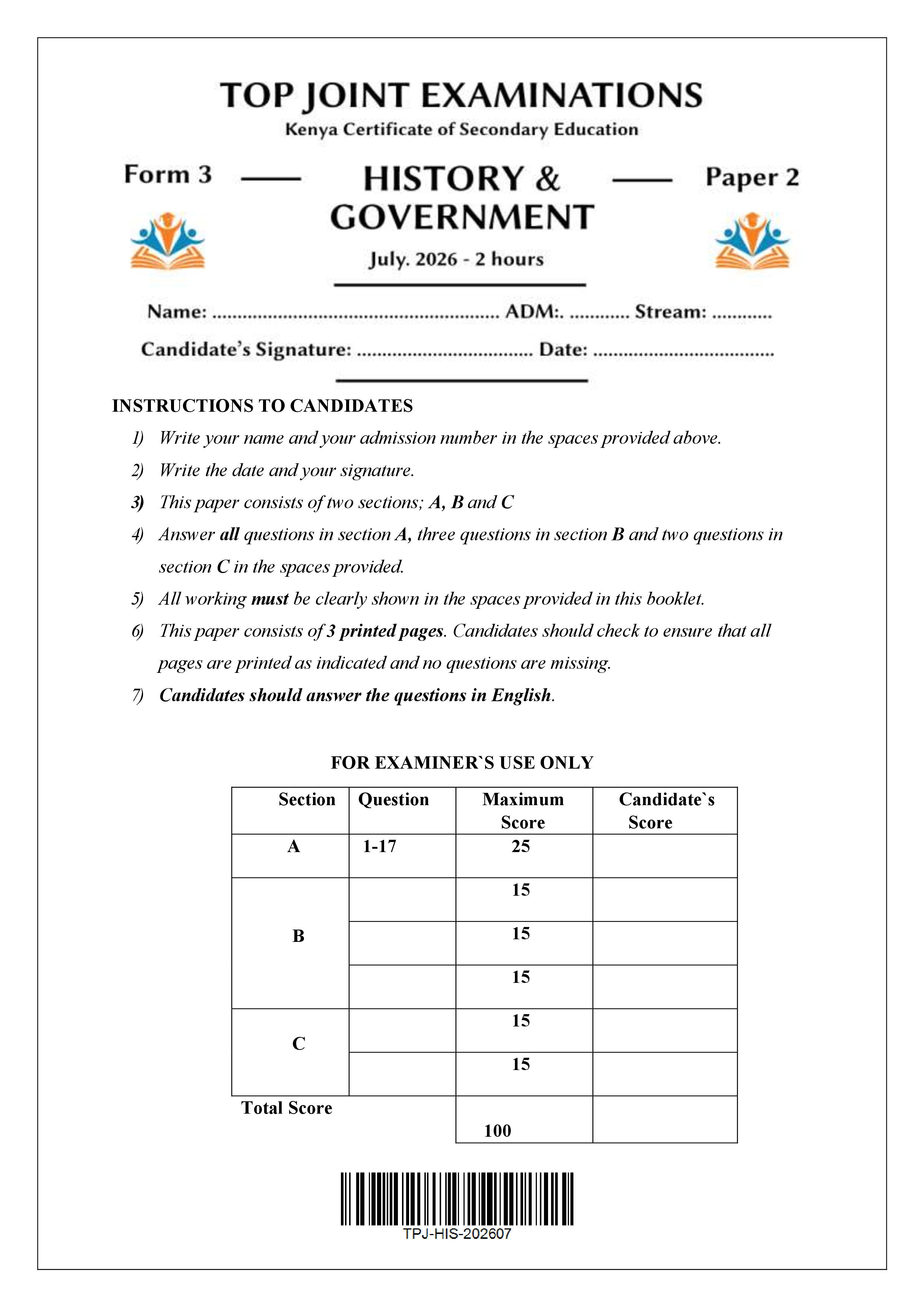HISTORY FORM 3 PAPER 2 END TERM 2 2026