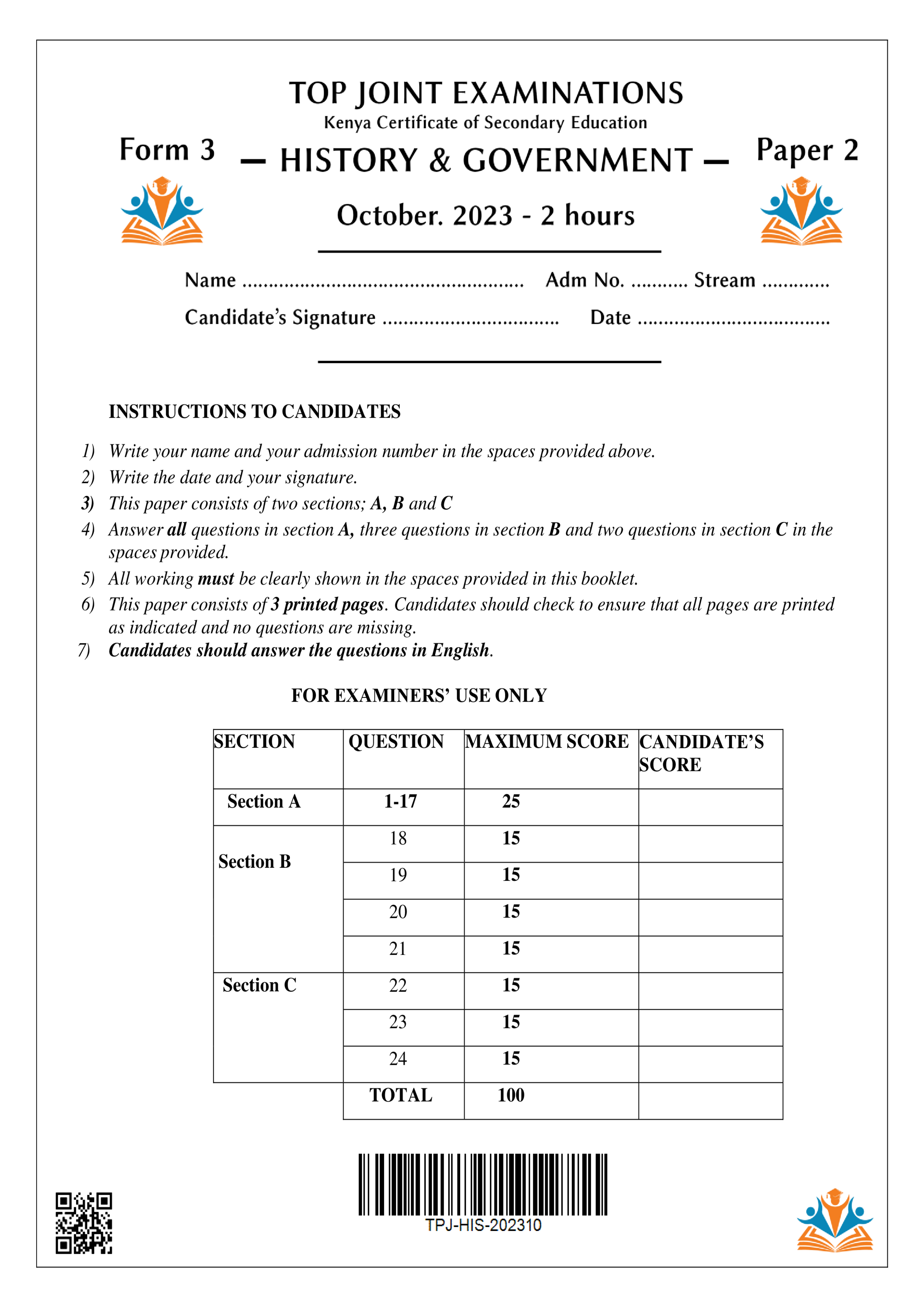 HISTORY & GOVERNMENT FORM 3 PAPER 2 END TERM 3 2023
