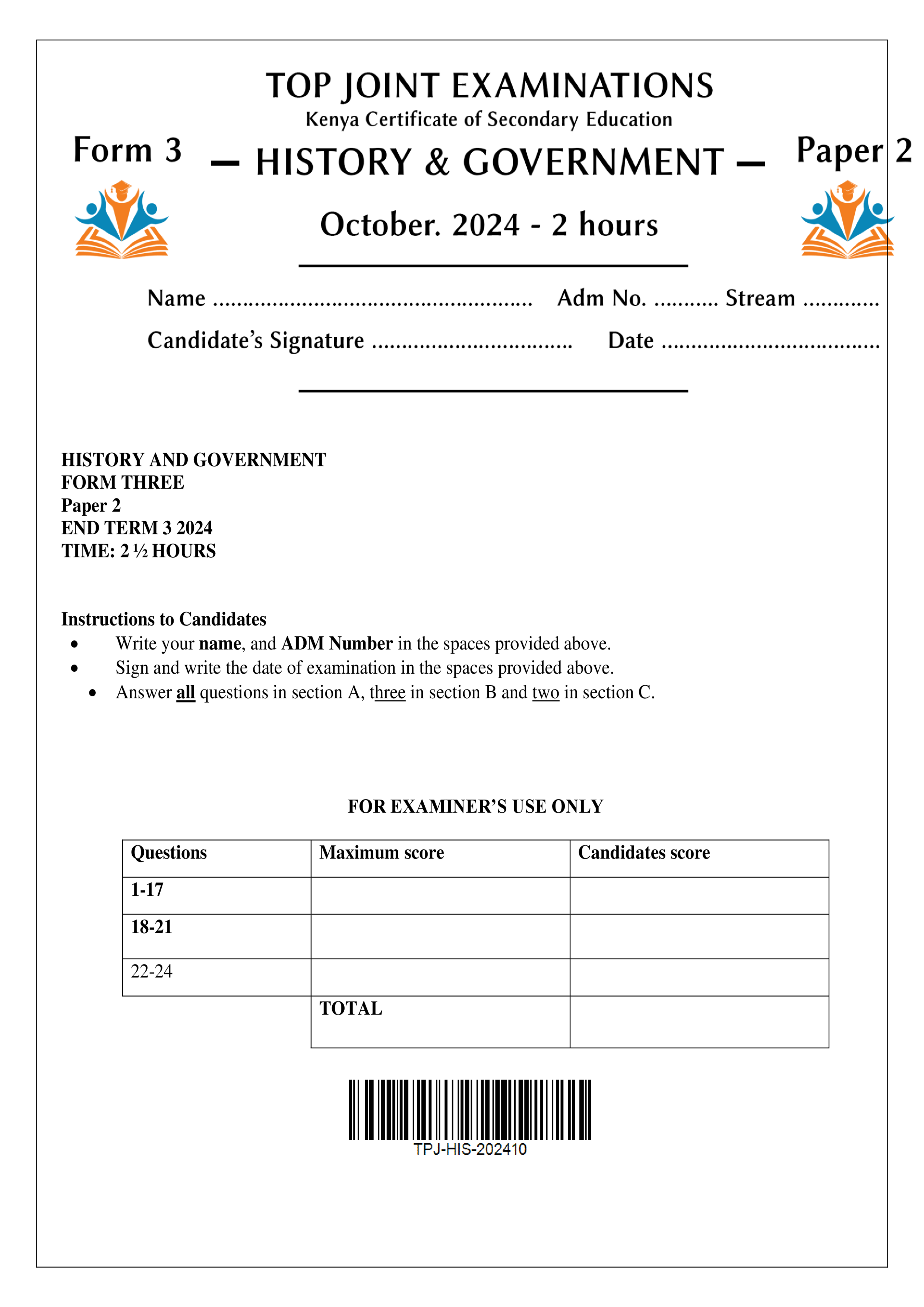HISTORY AND GOVERNMENT FORM 3 PAPER 2 END TERM 3 2024