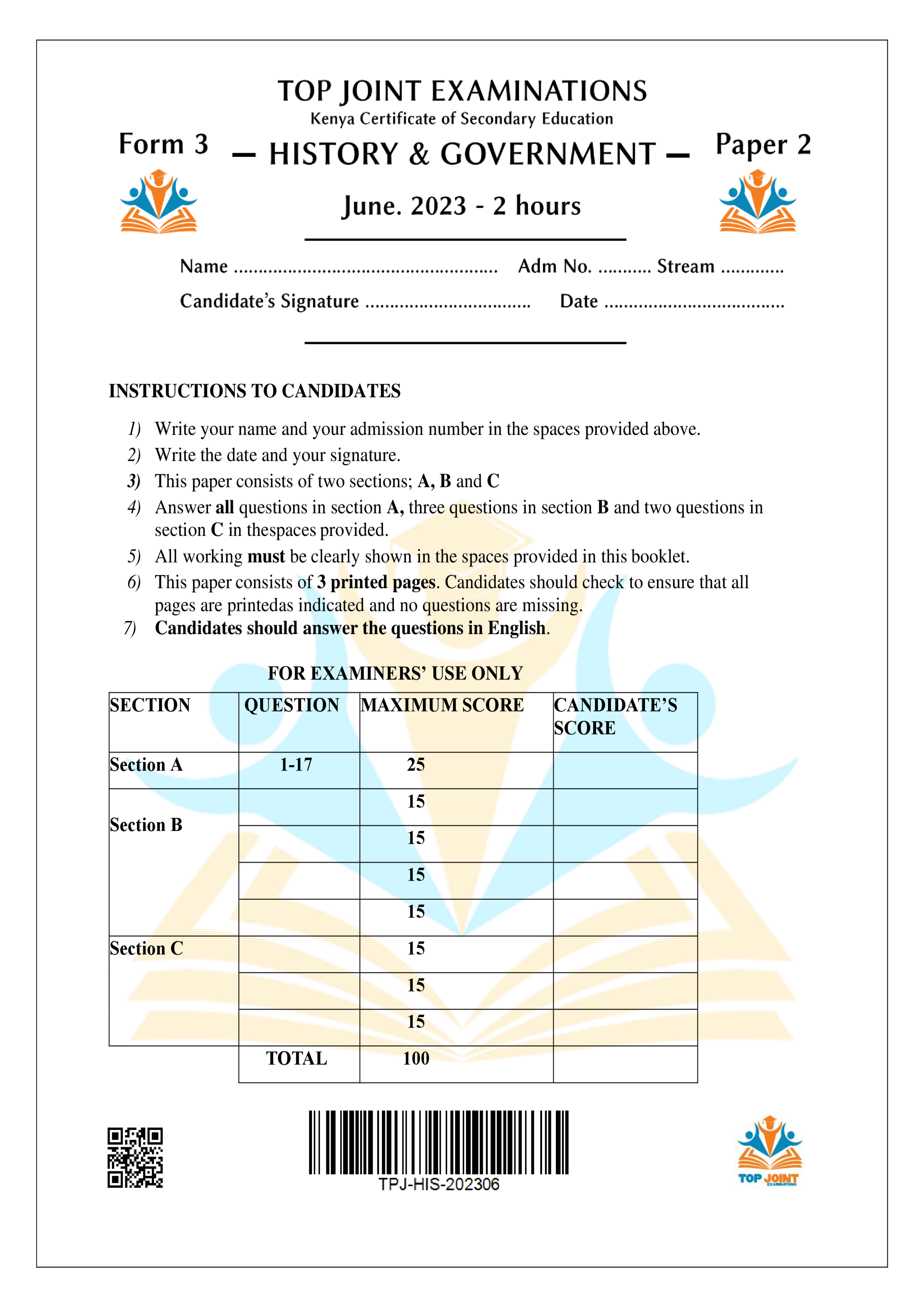 HISTORY & GOVERNMENT FORM 3 PAPER 2 MID TERM 2 2023