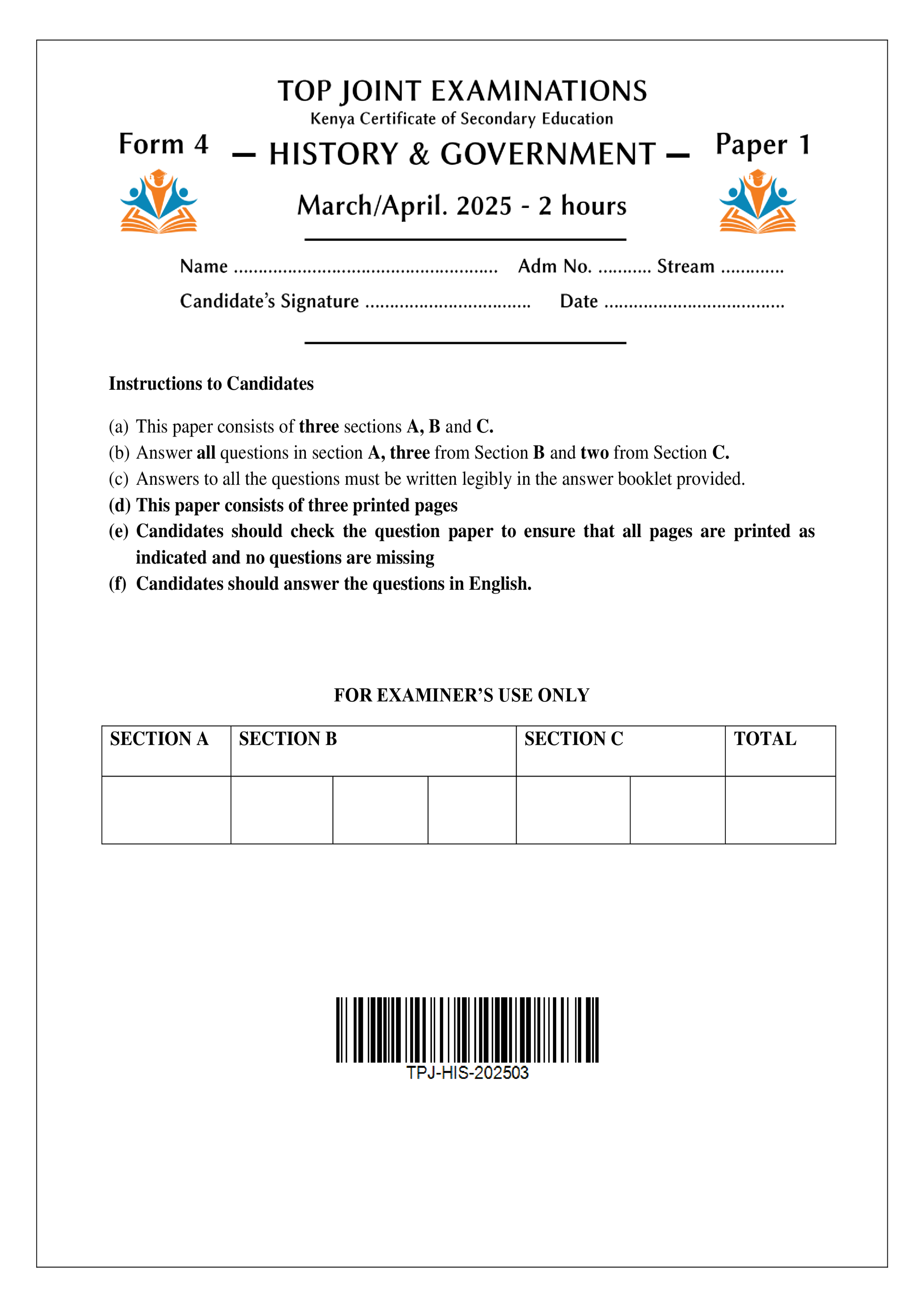 HISTORY AND GOVERNMENT FORM 4 PAPER 1 END TERM 1 2025