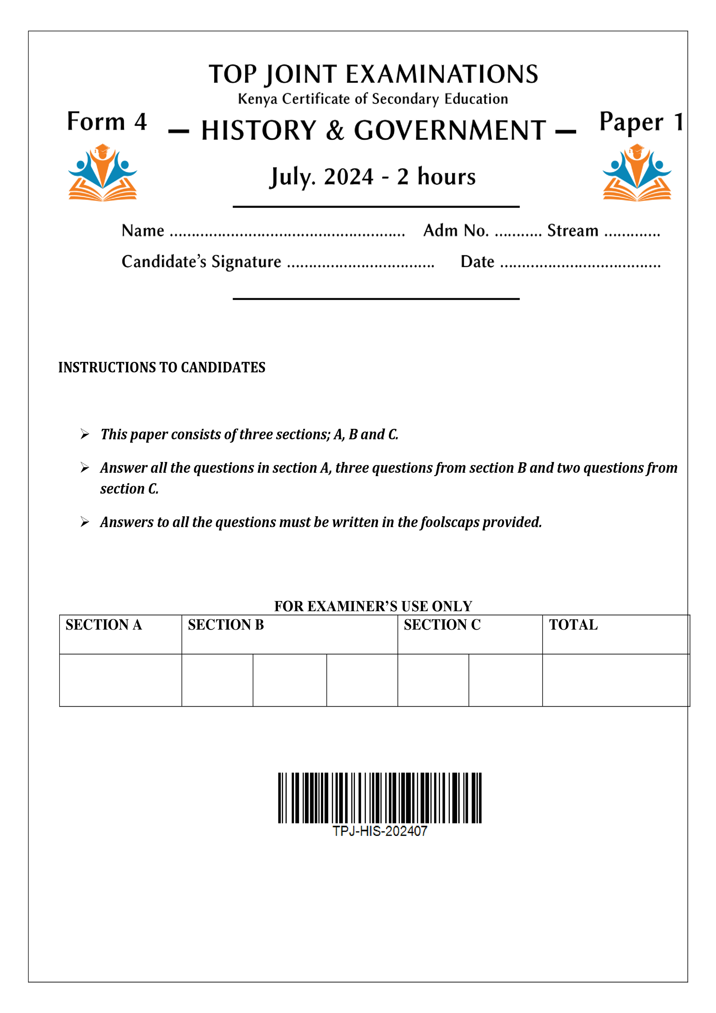 HISTORY & GOVERNMENT FORM 4 PAPER 1 KCSE MOCK 2024