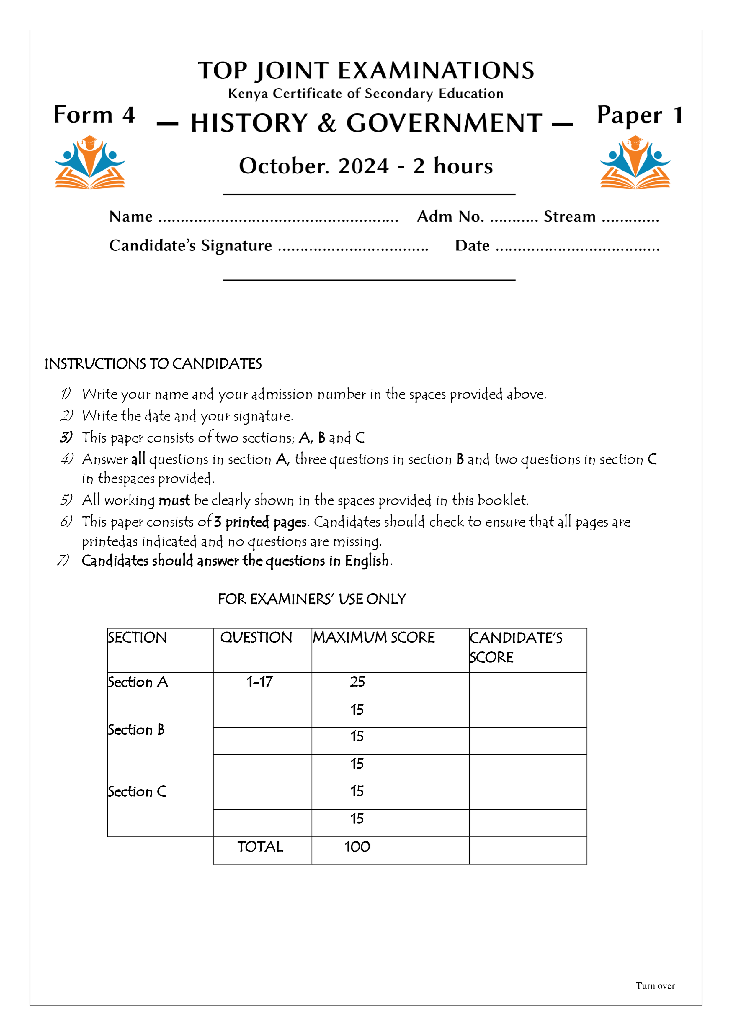 HISTORY AND GOVERNMENT FORM 4 PAPER 1 KCSE POST MOCK 2024
