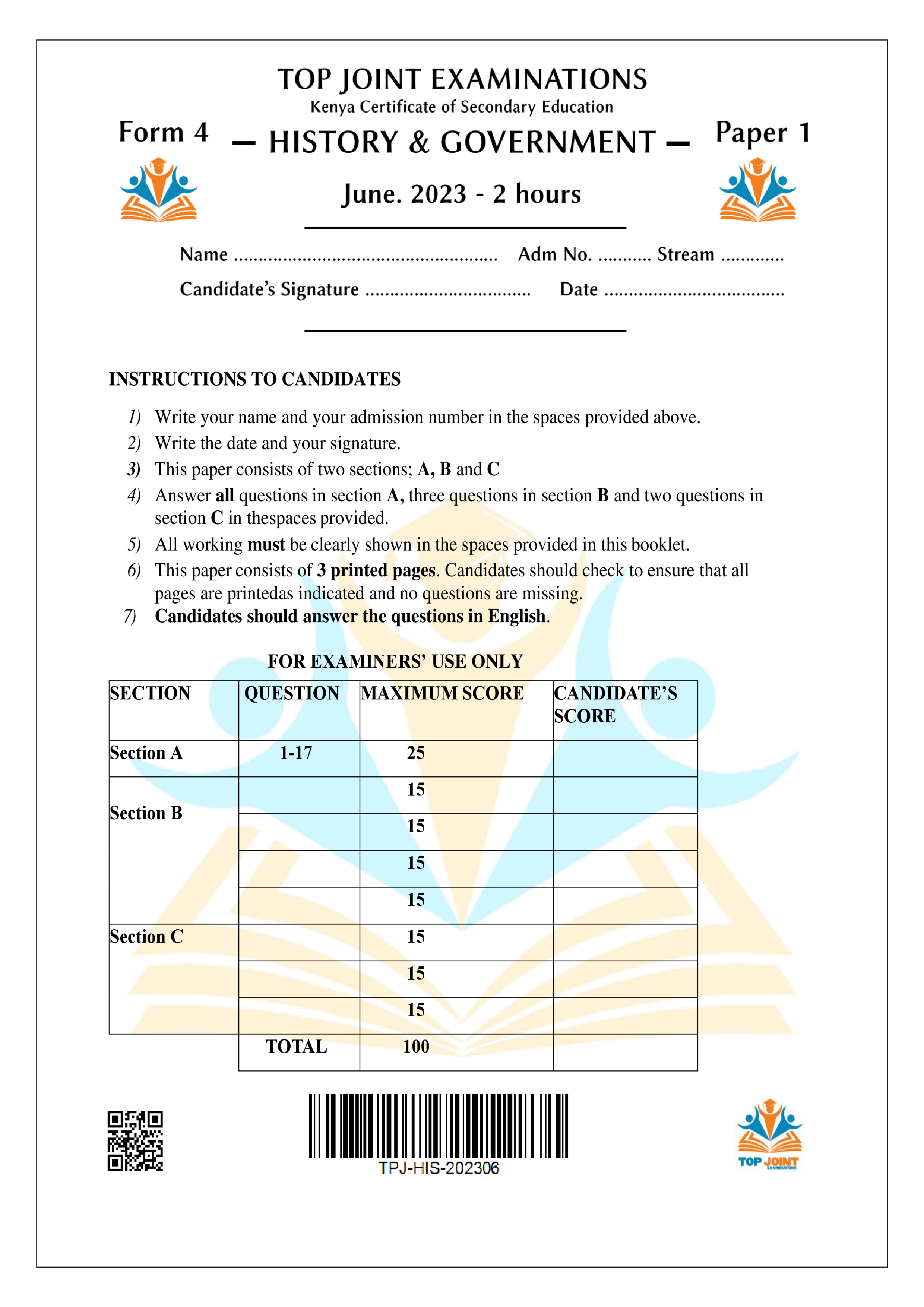 HISTORY & GOVERNMENT FORM 4 PAPER 1 MID TERM 2 2023