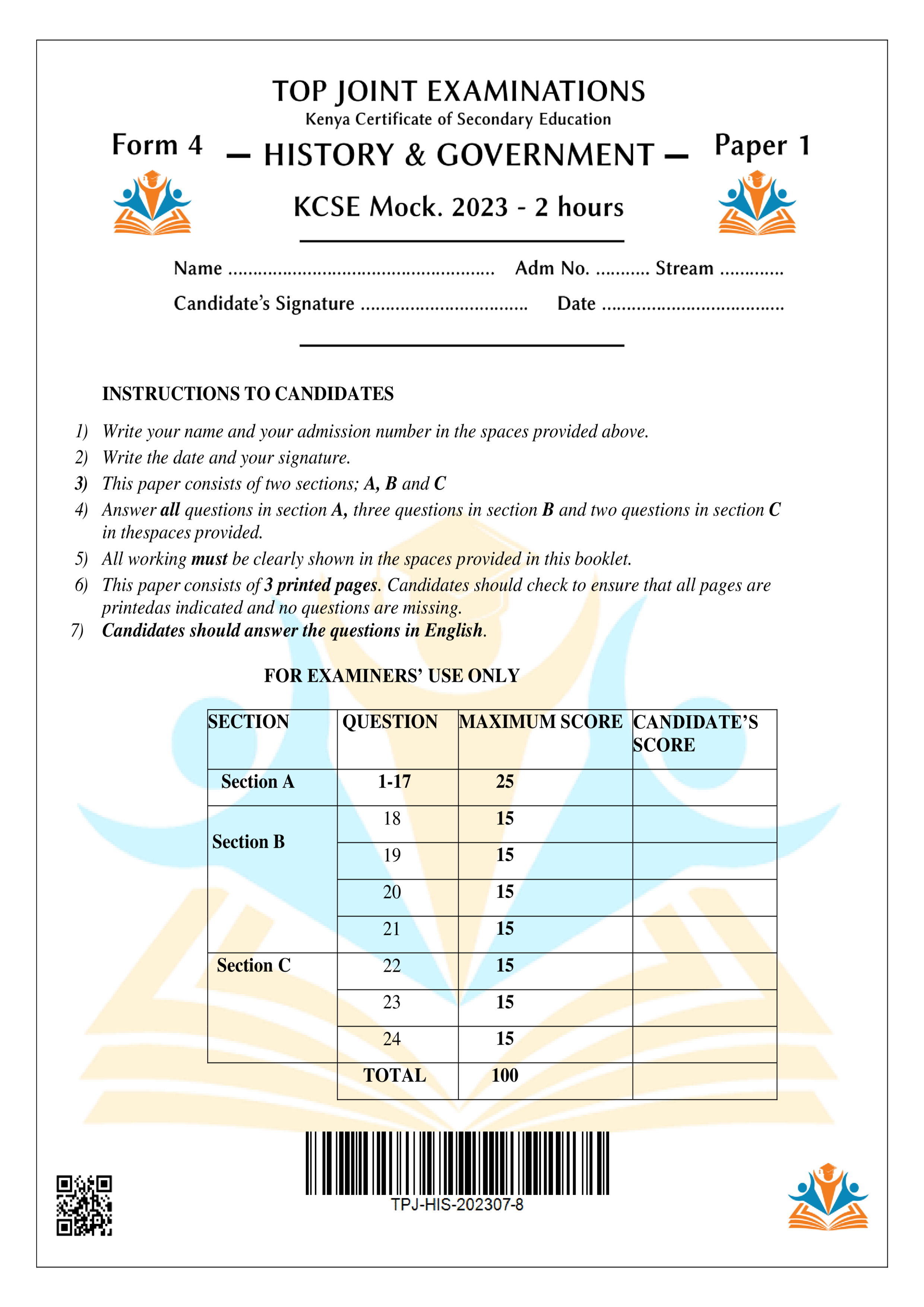 HISTORY AND GOVERNMENT FORM 4 PAPER 1 KCSE MOCK 2023