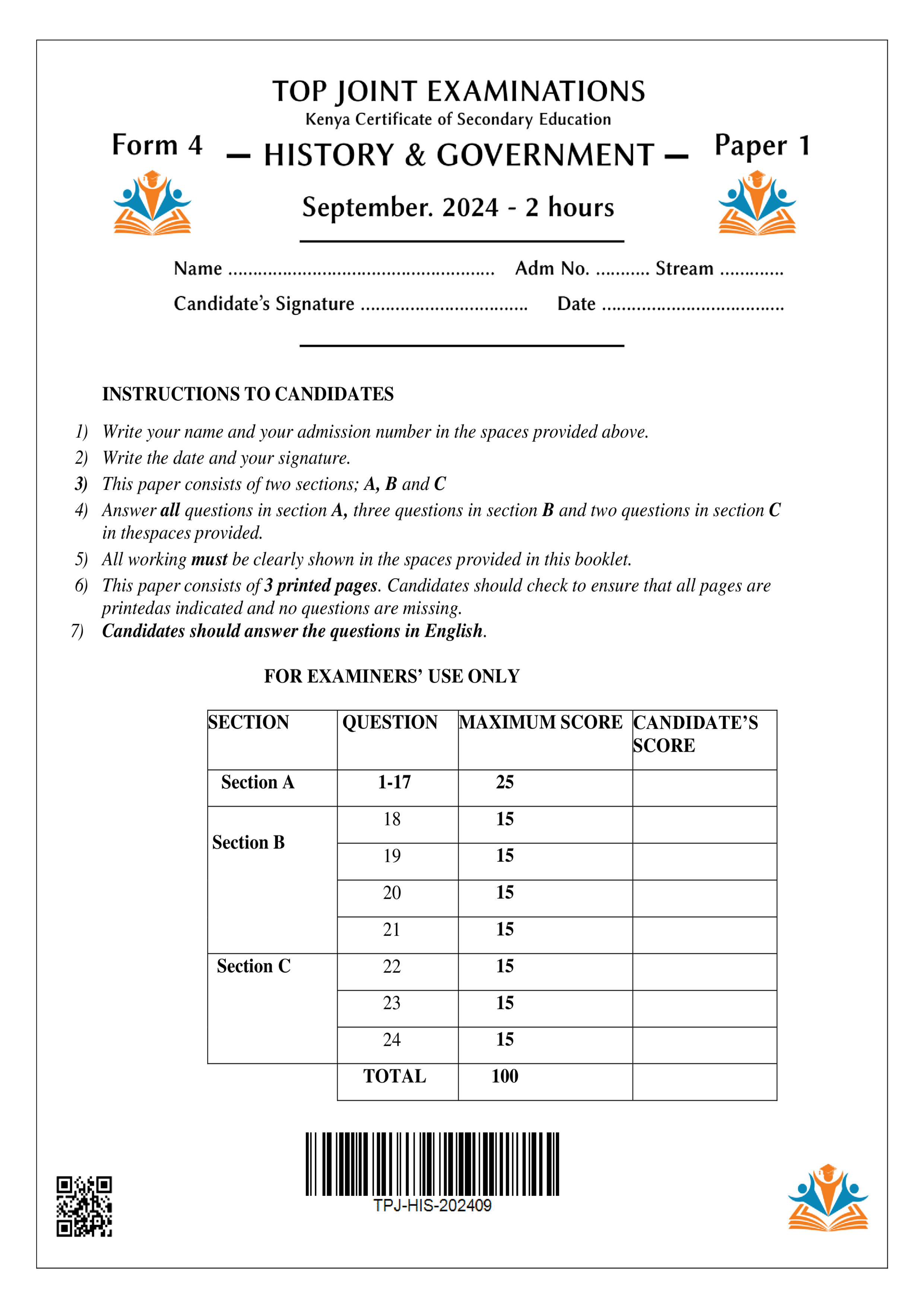 HISTORY AND GOVERNMENT FORM 4 PAPER 1 SERIES 1 TERM 3 2024