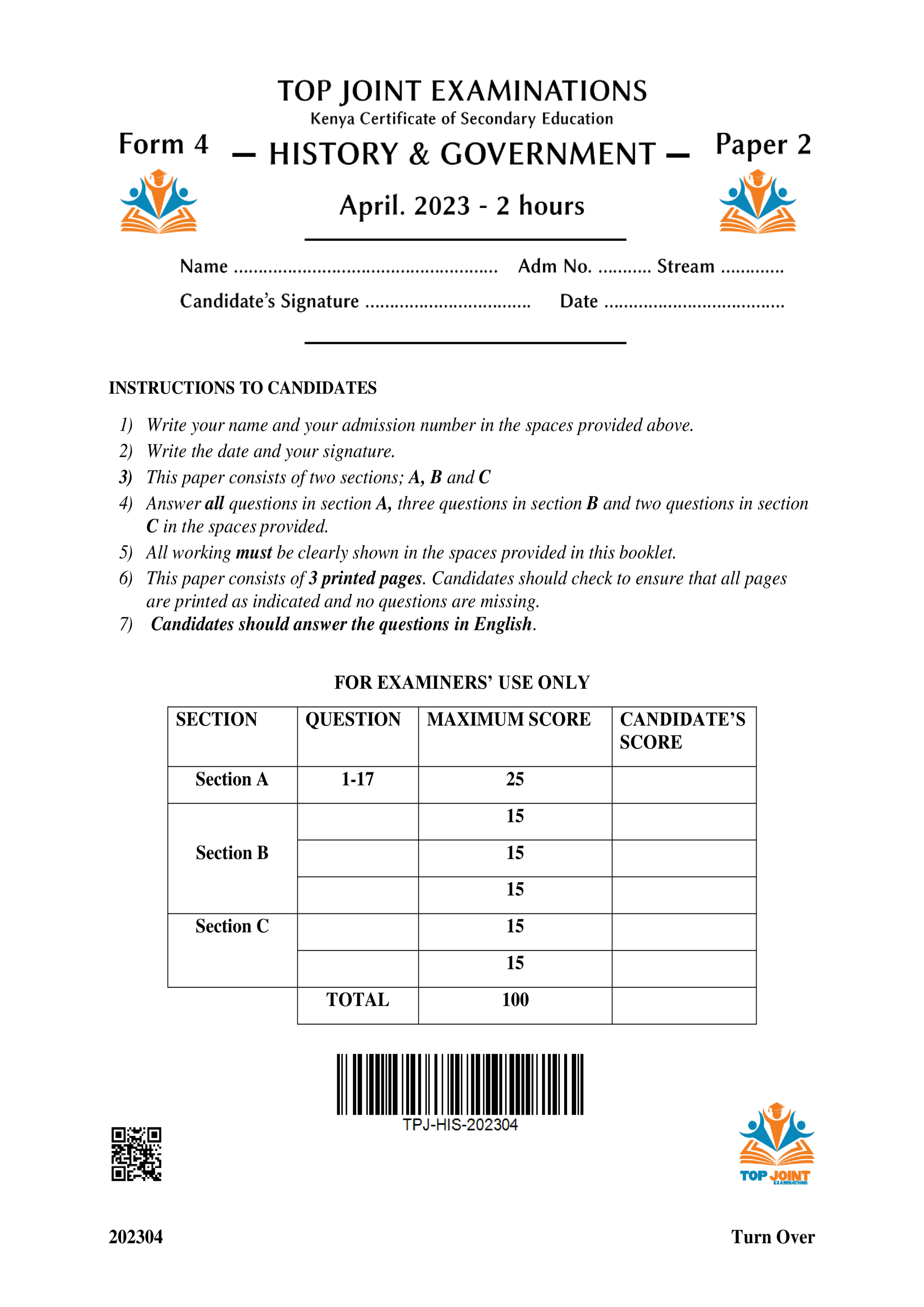 HISTORY & GOVERNMENT FORM 4 PAPER 2 END TERM 1 2023