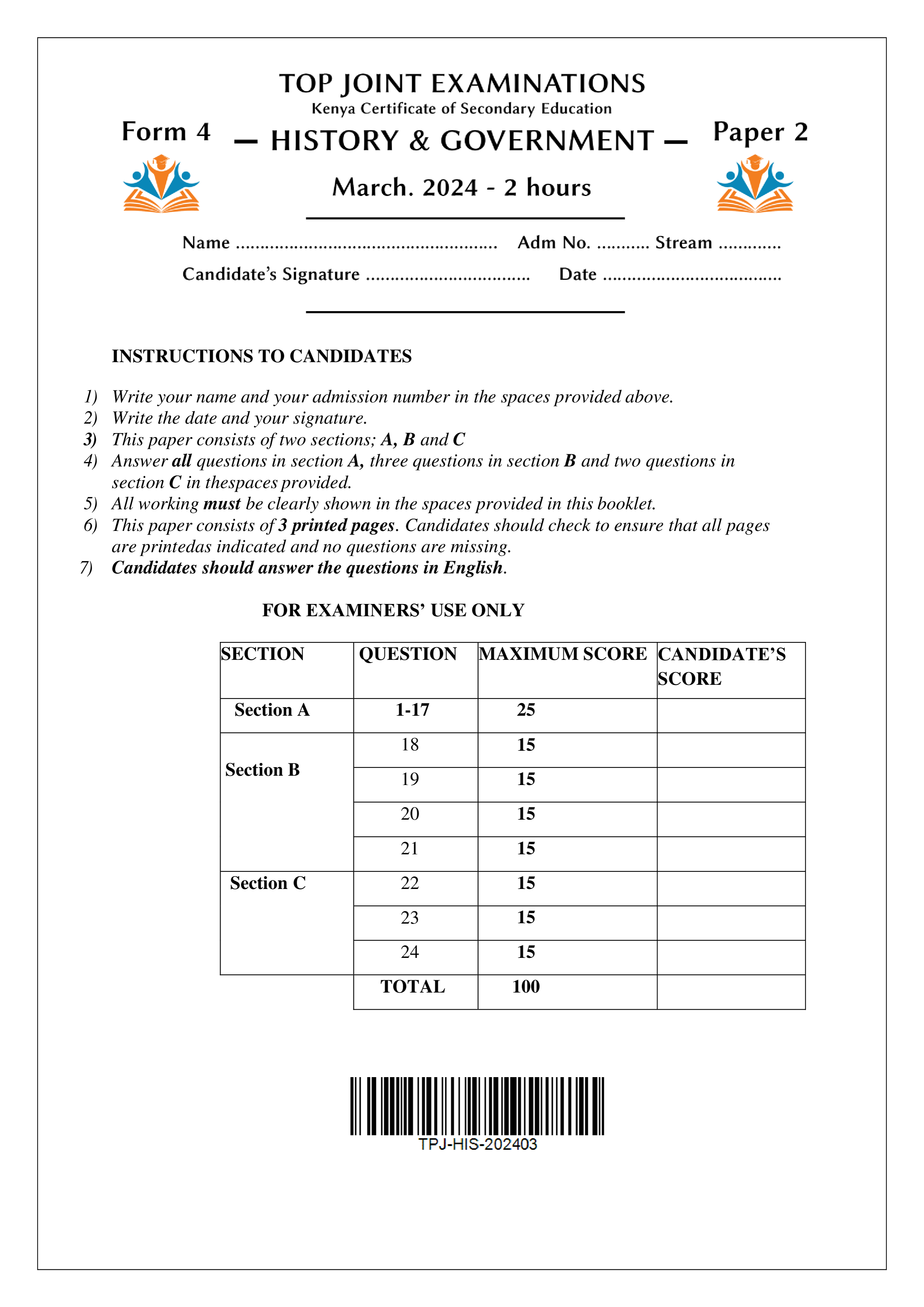 HISTORY AND GOVERNMENT FORM 4 PAPER 2 END TERM 1 2024