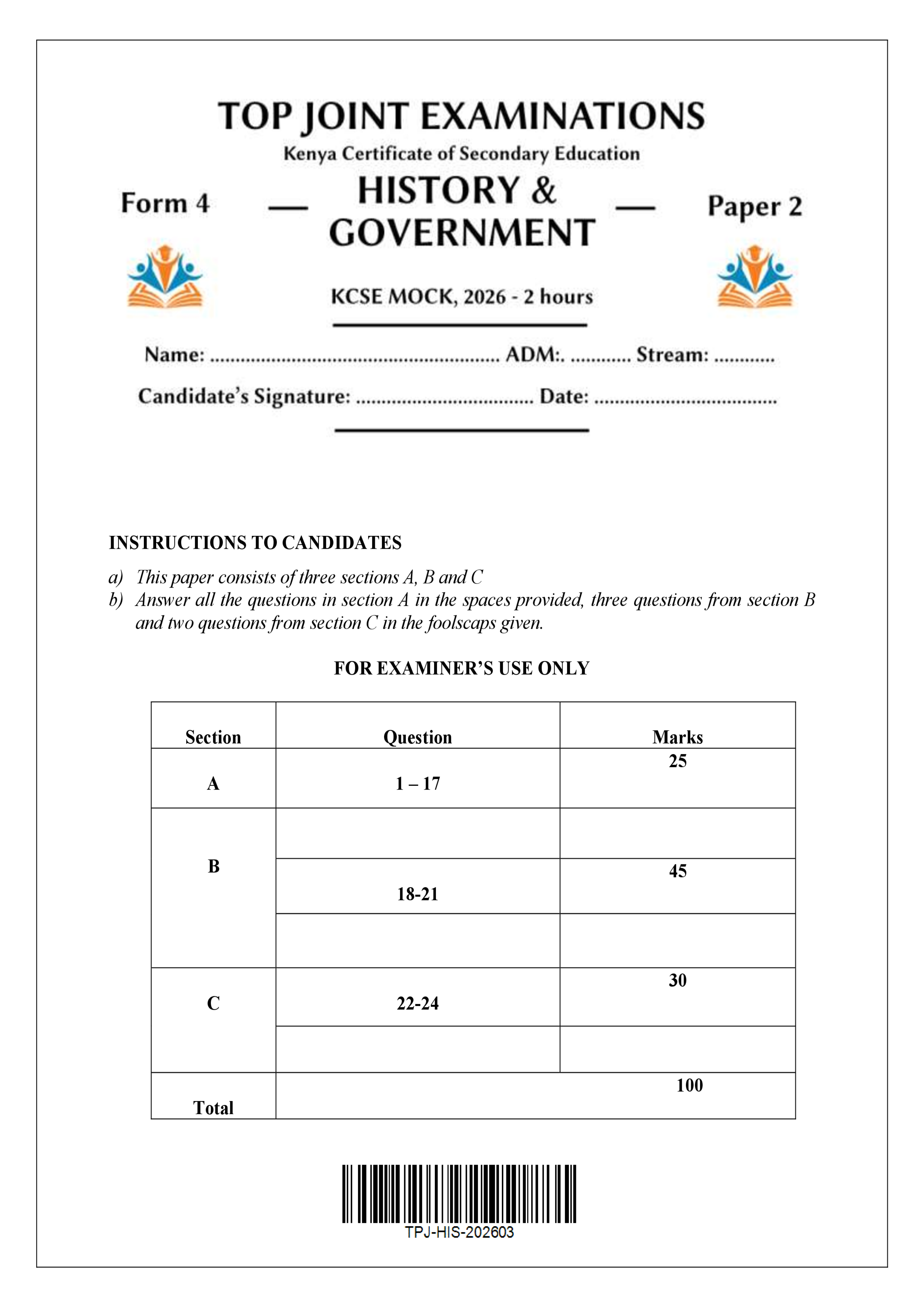 HISTORY AND GOVERNMENT FORM 4 PAPER 2 END TERM 1 2026