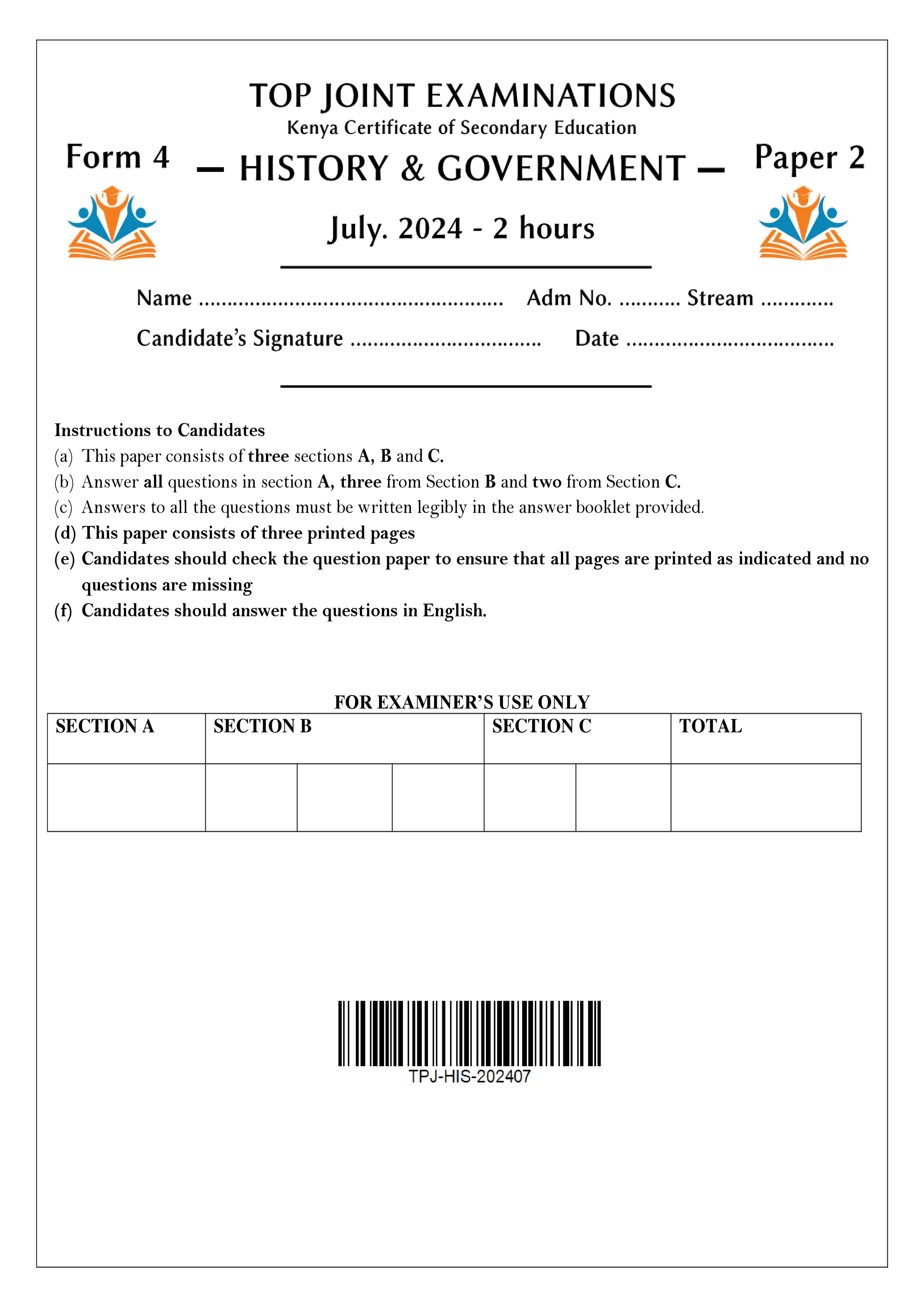 HISTORY & GOVERNMENT FORM 4 PAPER 2 KCSE MOCK 2024