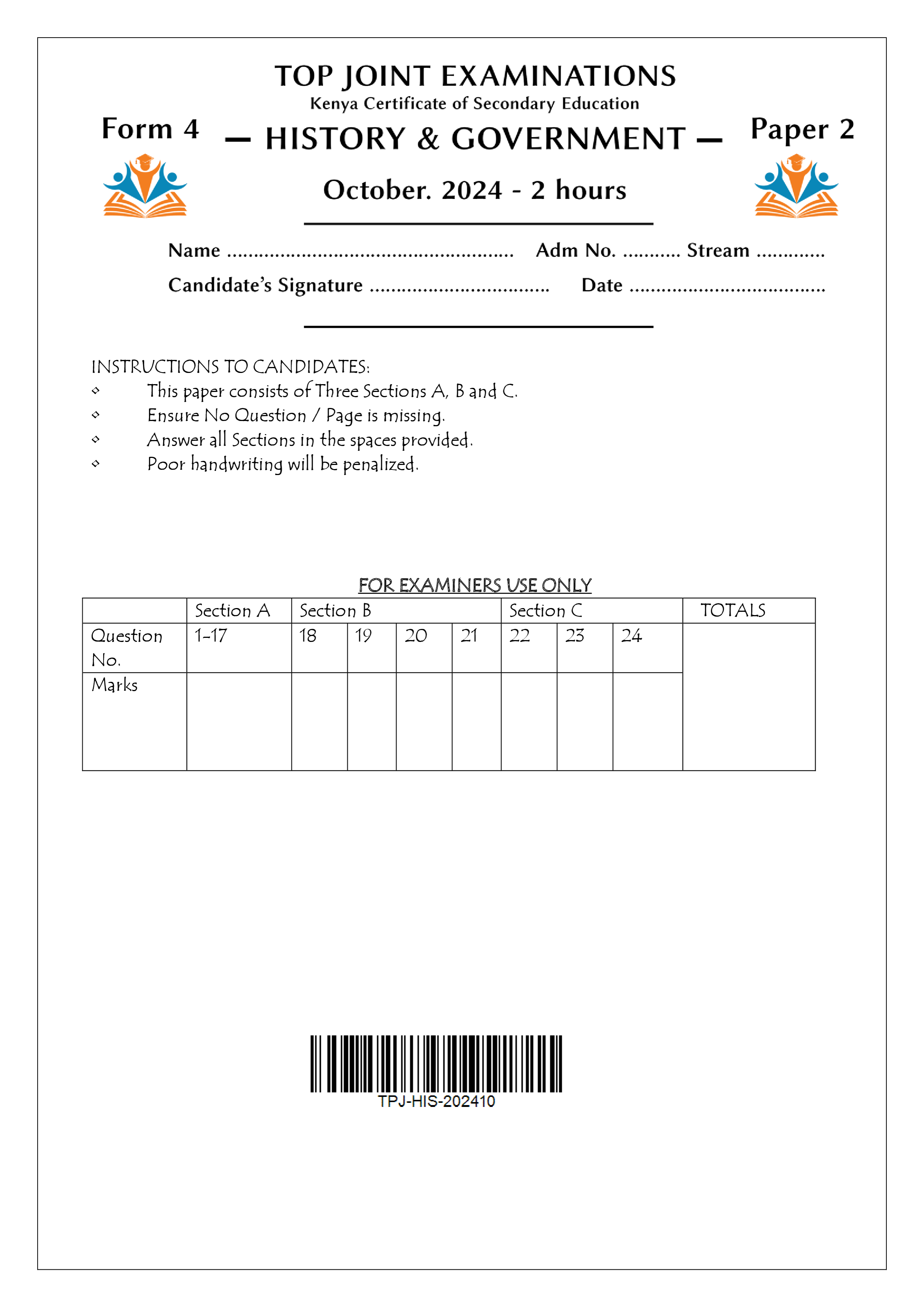 HISTORY AND GOVERNMENT FORM 4 PAPER 2 KCSE POST MOCK 2024