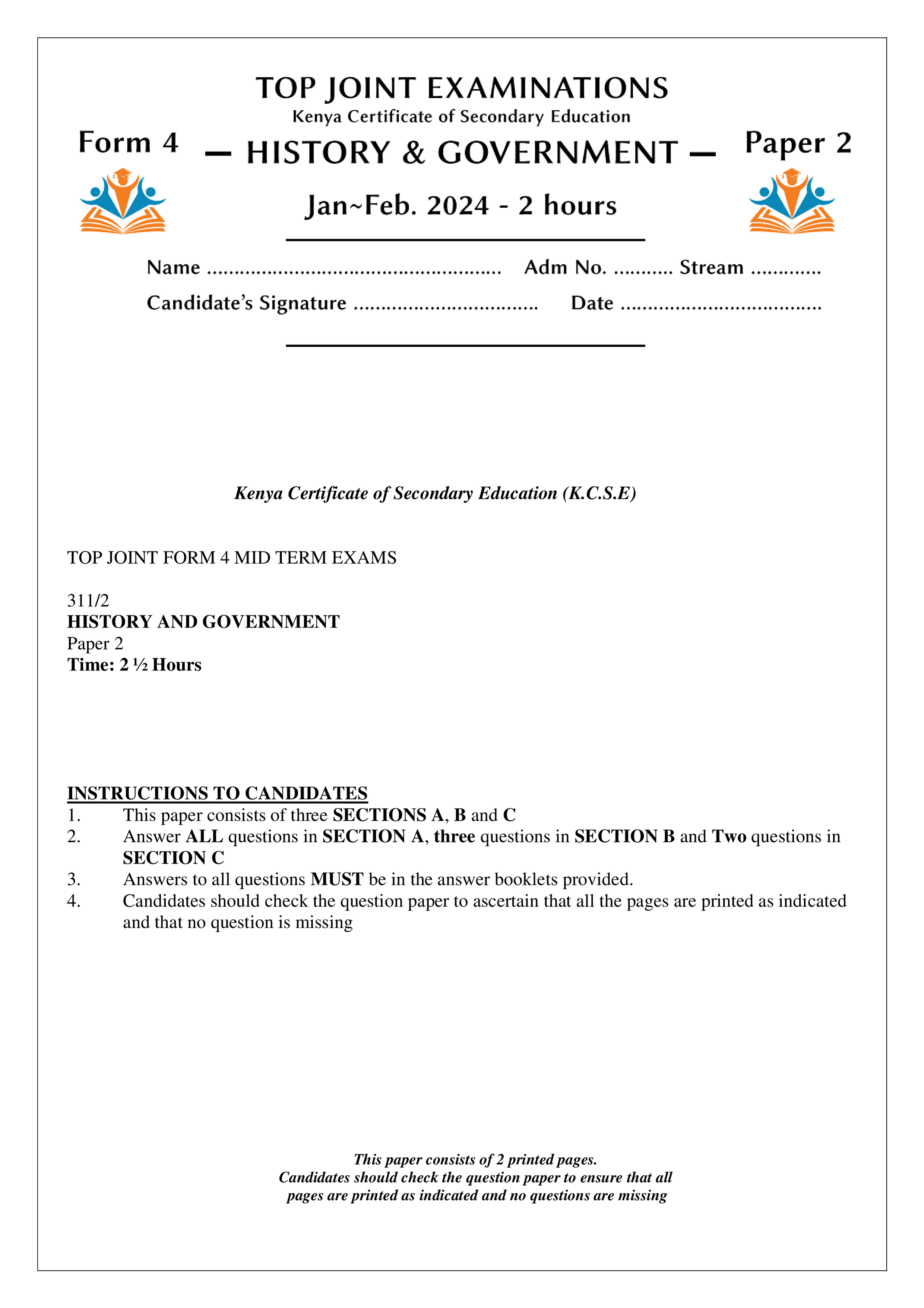HISTORY AND GOVERNMENT FORM 4 PAPER 2 MID TERM 1 2024