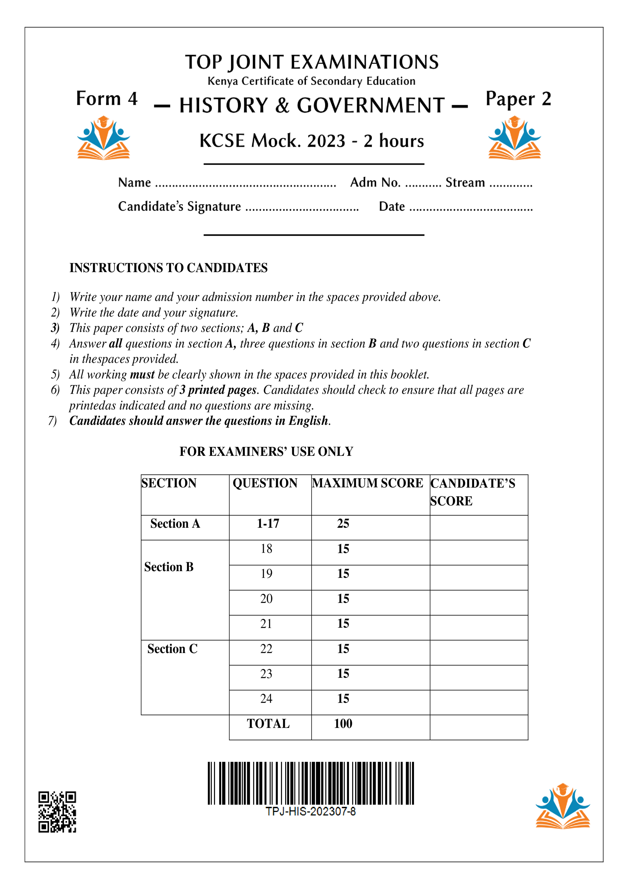 HISTORY AND GOVERNMENT FORM 4 PAPER 2 KCSE MOCK 2023