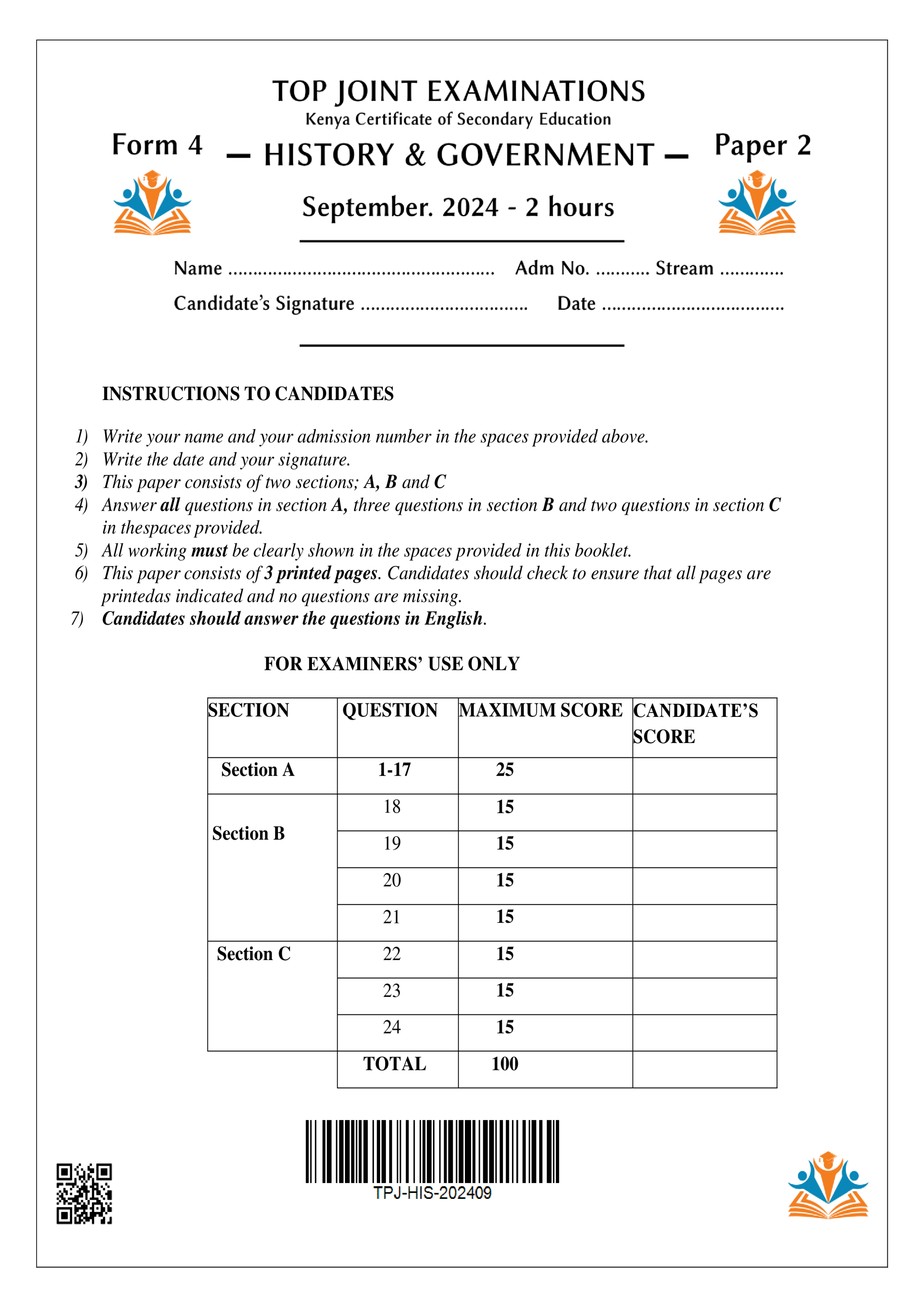 HISTORY AND GOVERNMENT FORM 4 PAPER 2 SERIES 1 TERM 3 2024