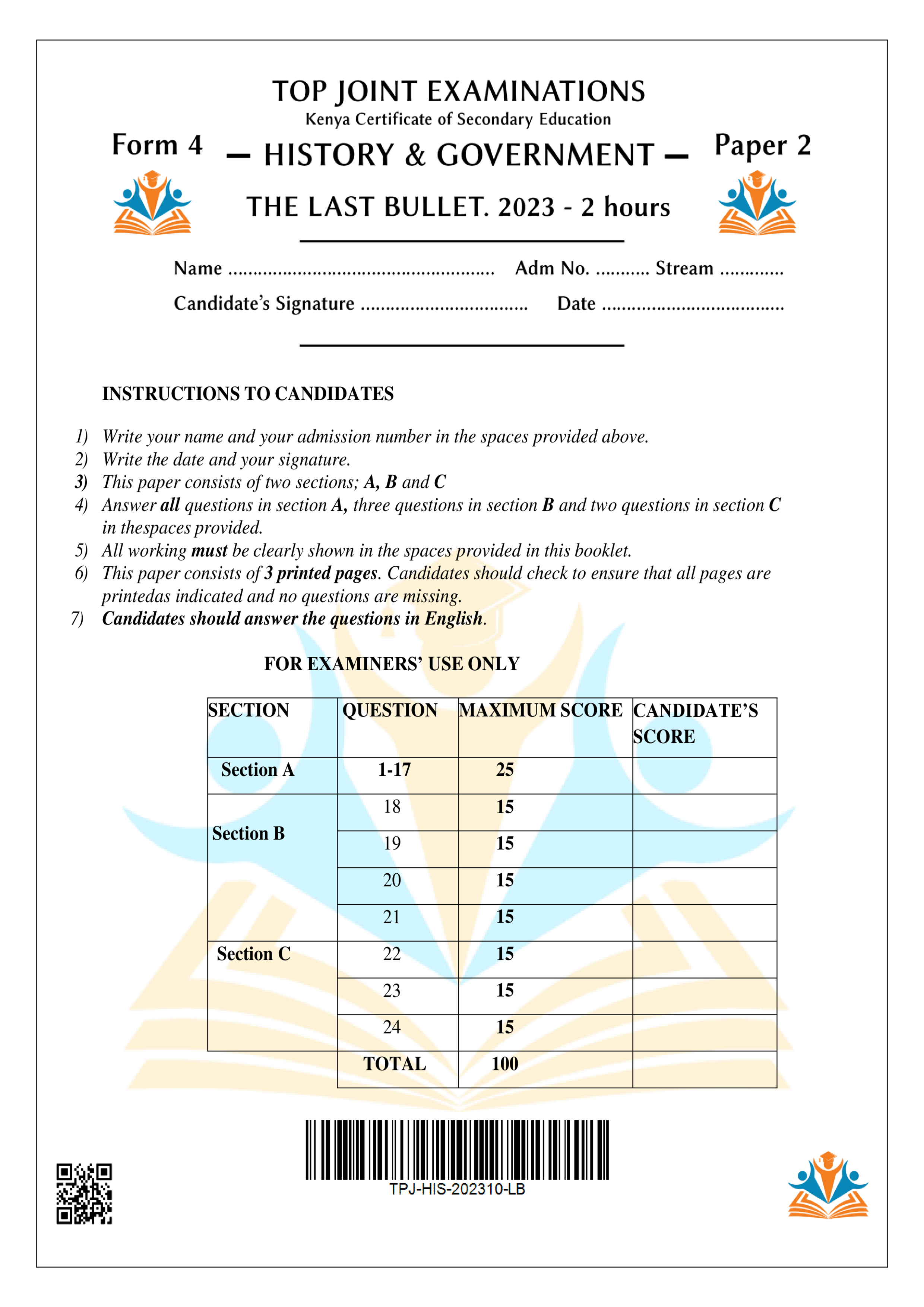 HISTORY & GOVERNMENT FORM 4 PAPER 2 PRE-KCSE 2023