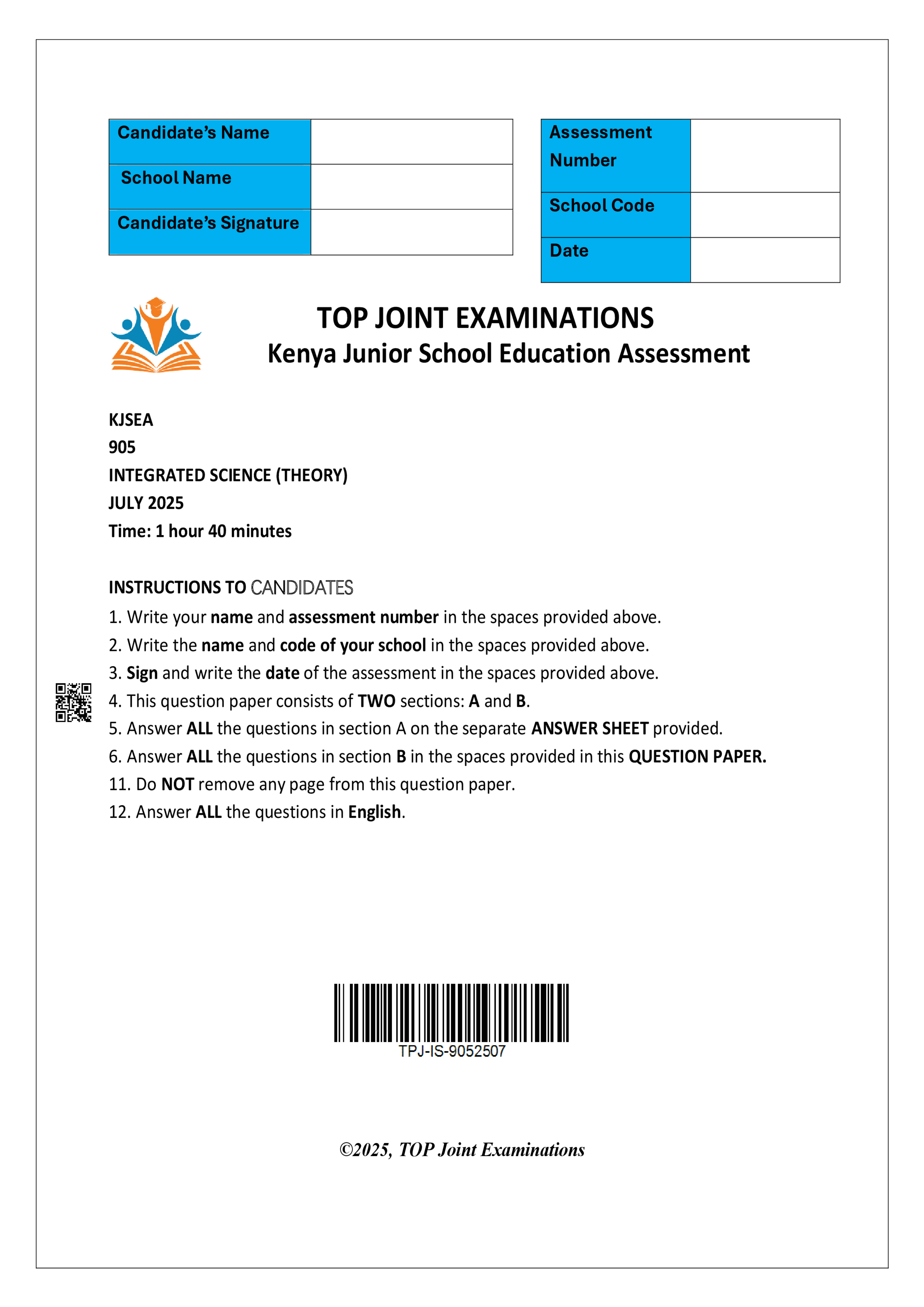 INTEGRATED SCIENCE GRADE 7 END TERM 2 2025