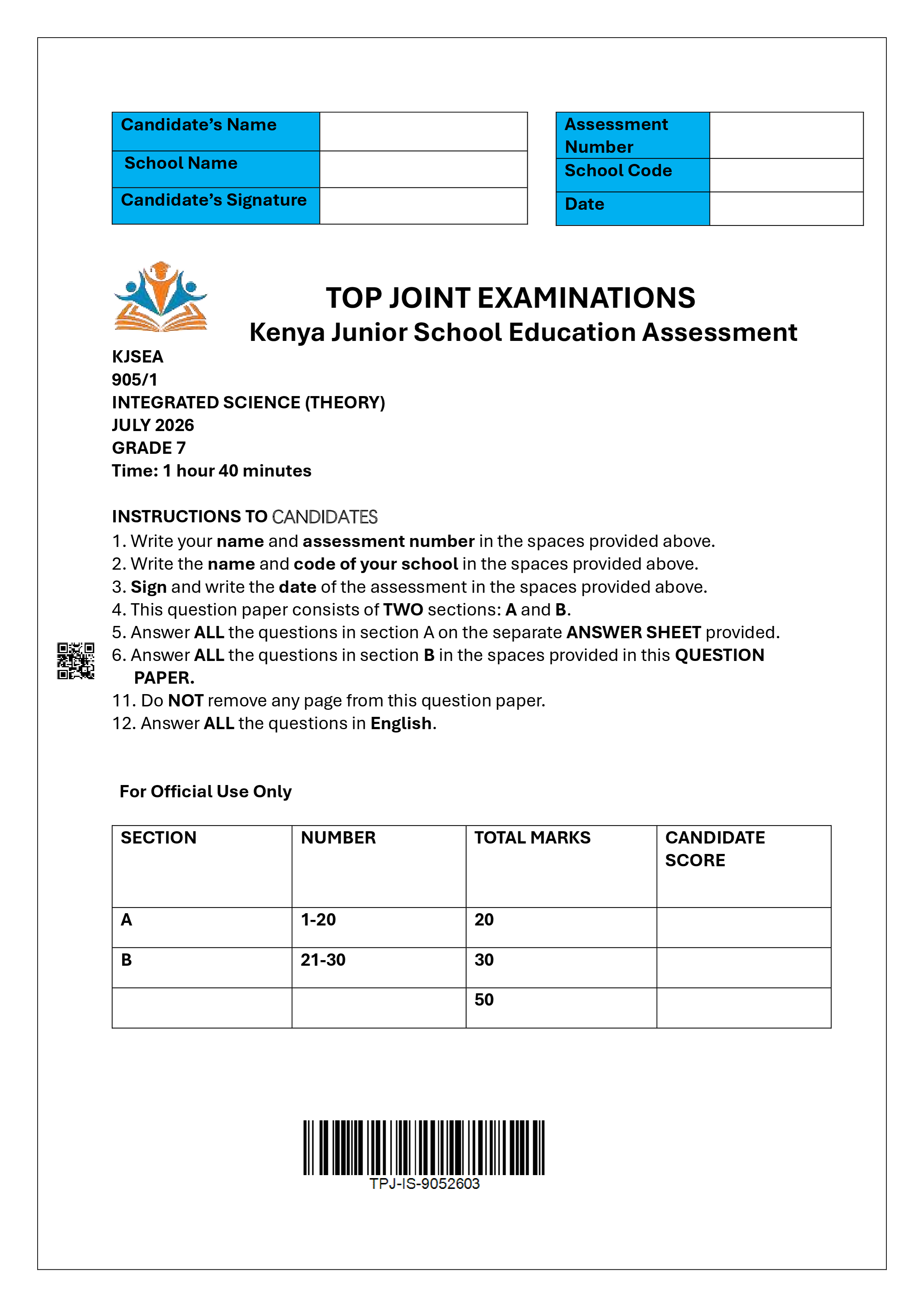 INTEGRATED SCIENCE GRADE 7 END TERM 2 2026