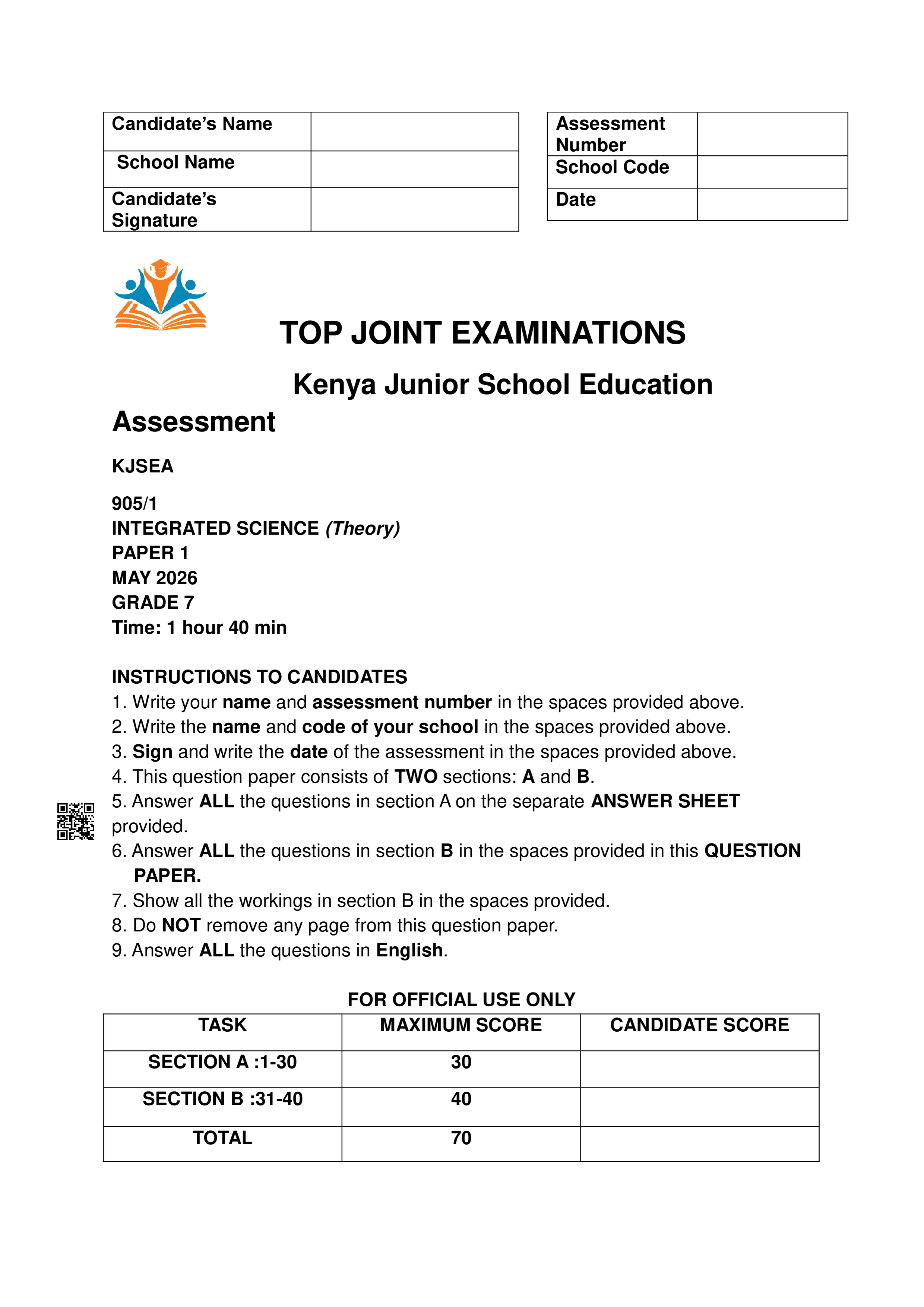 INTEGRATED SCIENCE GRADE 7 OPENER TERM 2 2026