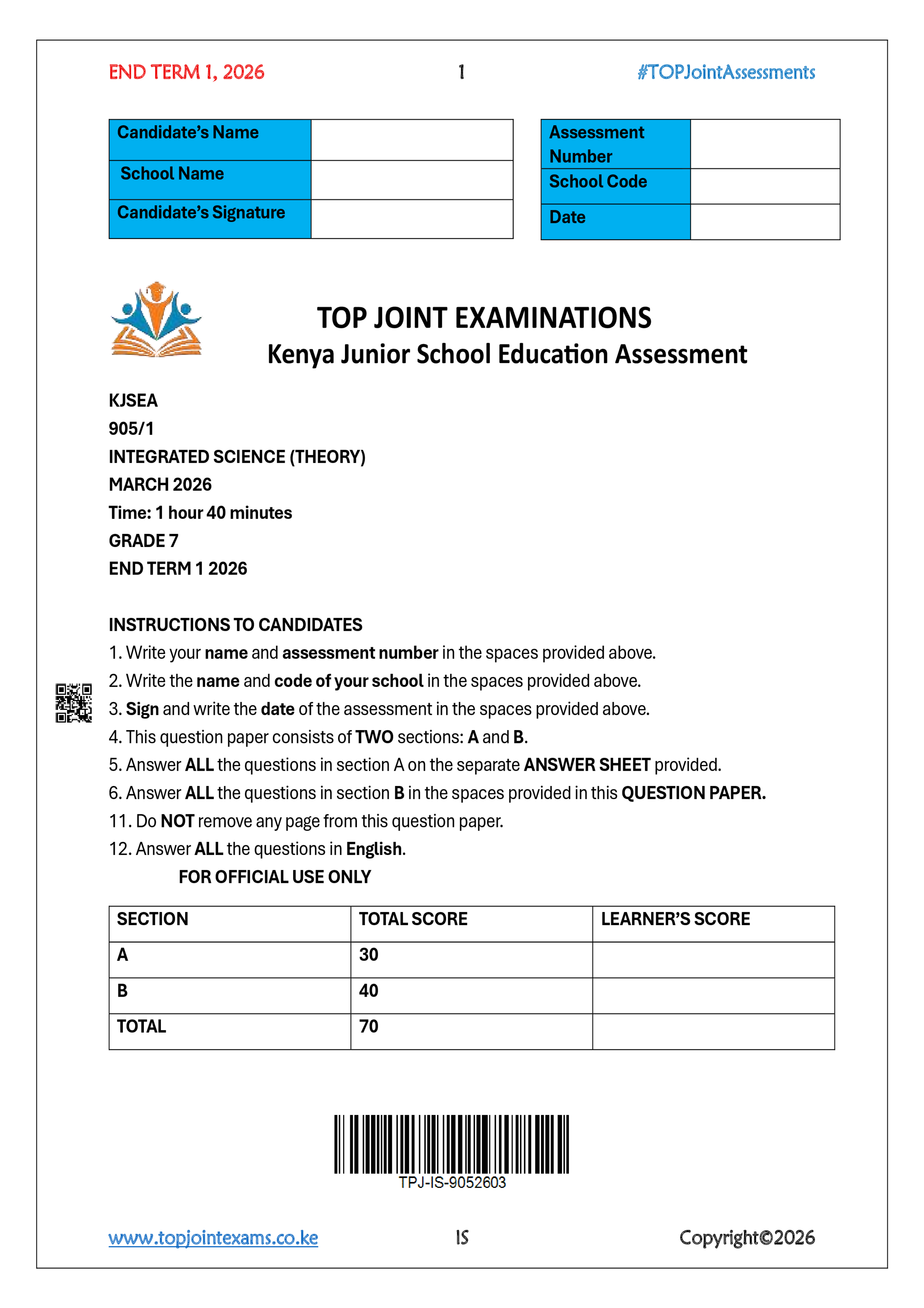 INTEGRATED SCIENCE GRADE 7 PAPER 1 END TERM 1 2026