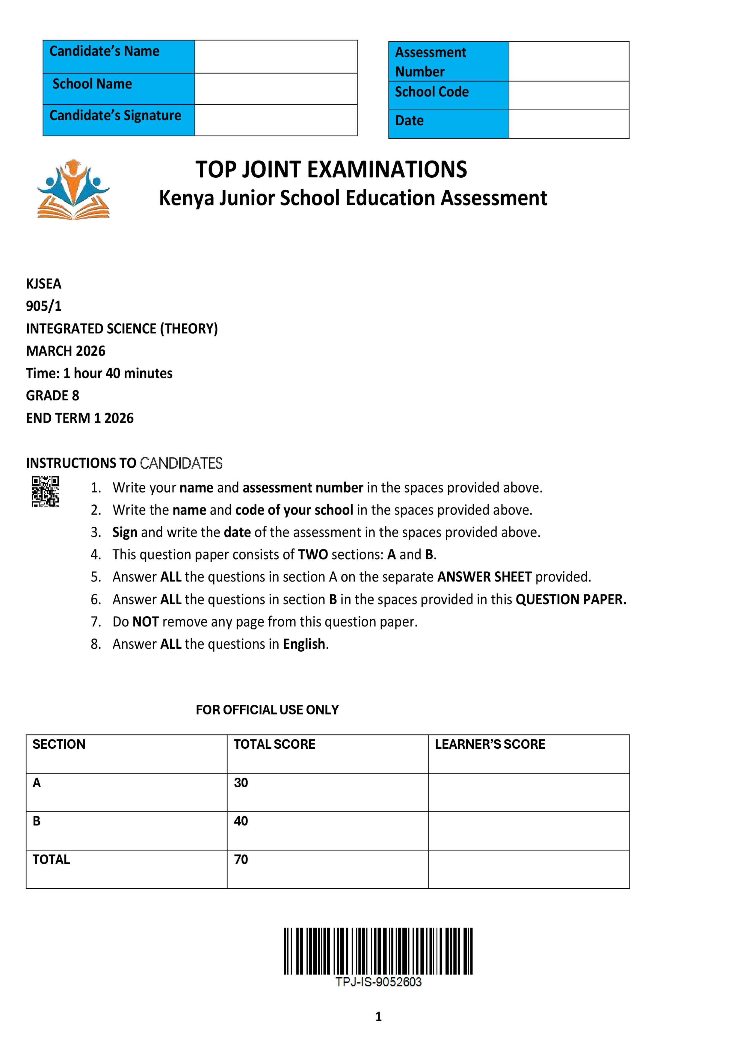 INTEGRATED SCIENCE GRADE 8 PAPER 1 END TERM 1 2026