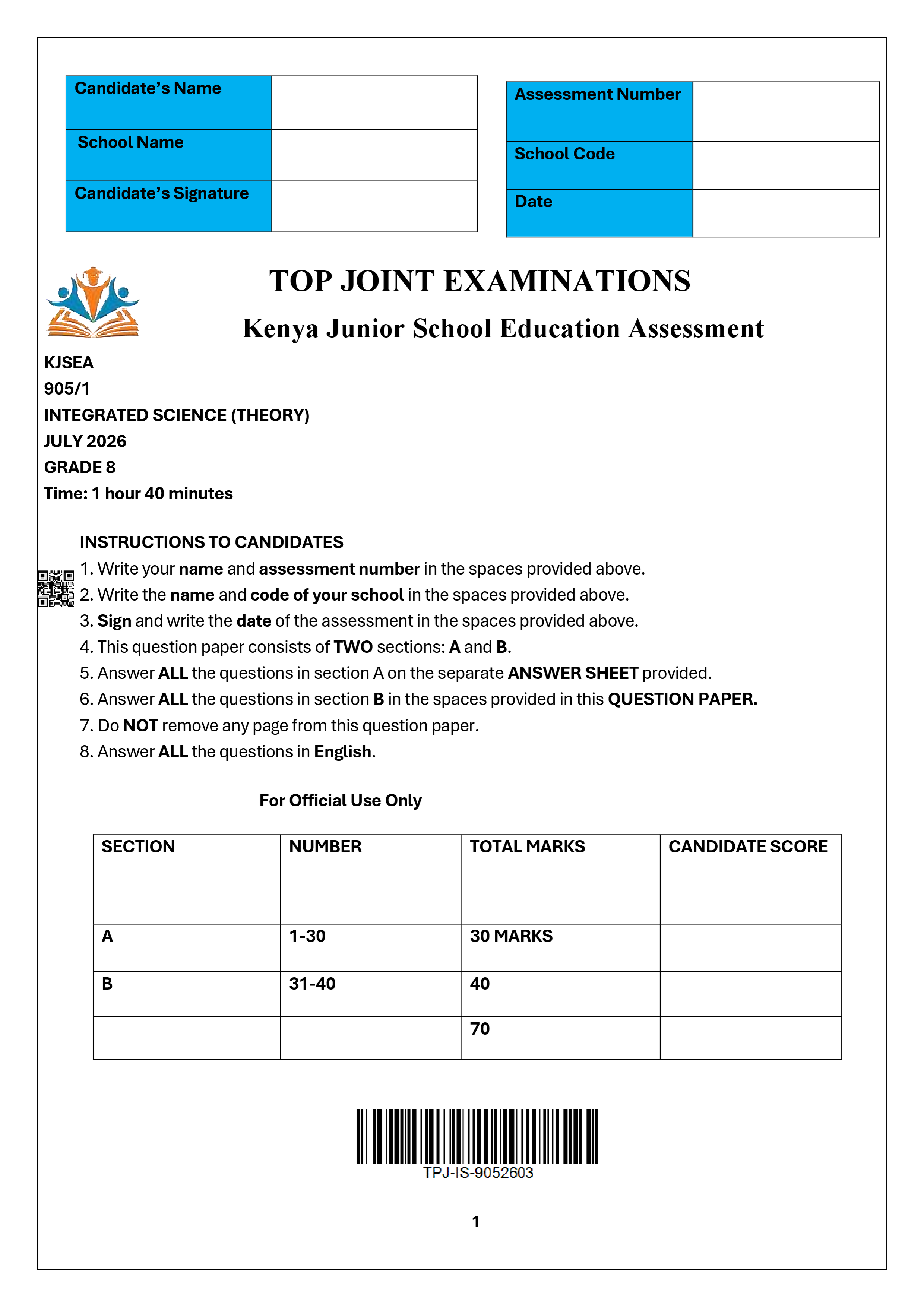 INTEGRATED SCIENCE GRADE 8 PAPER 1 END TERM 2 2026