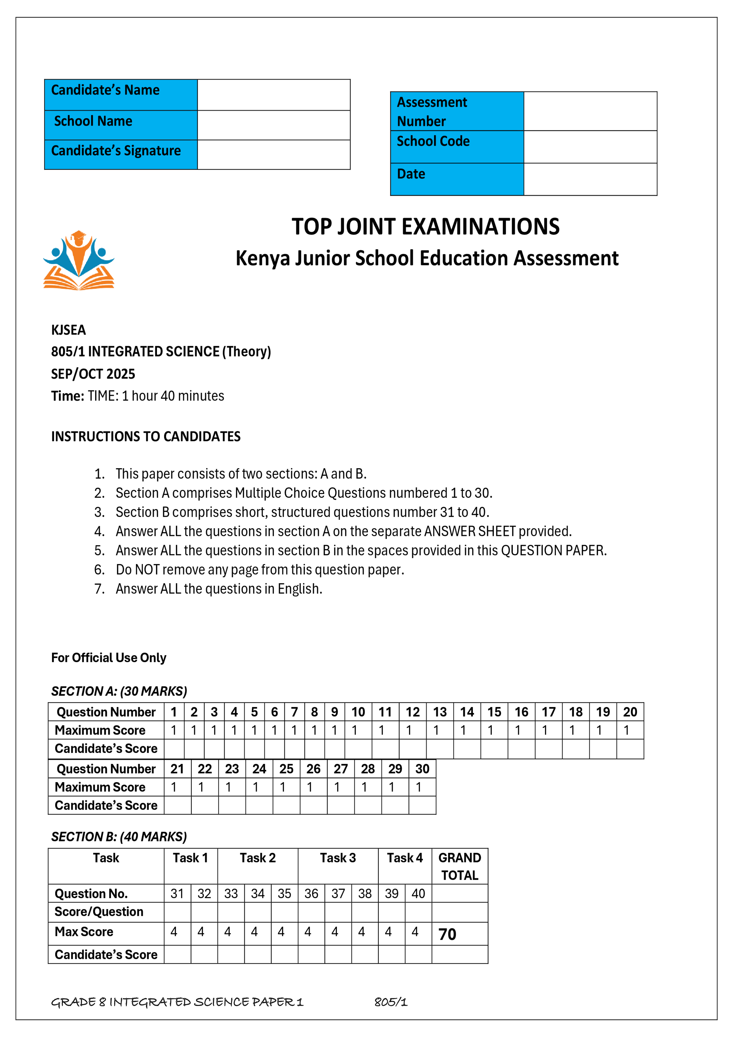 INTEGRATED SCIENCE GRADE 8 PAPER 1 MID TERM 3 2025