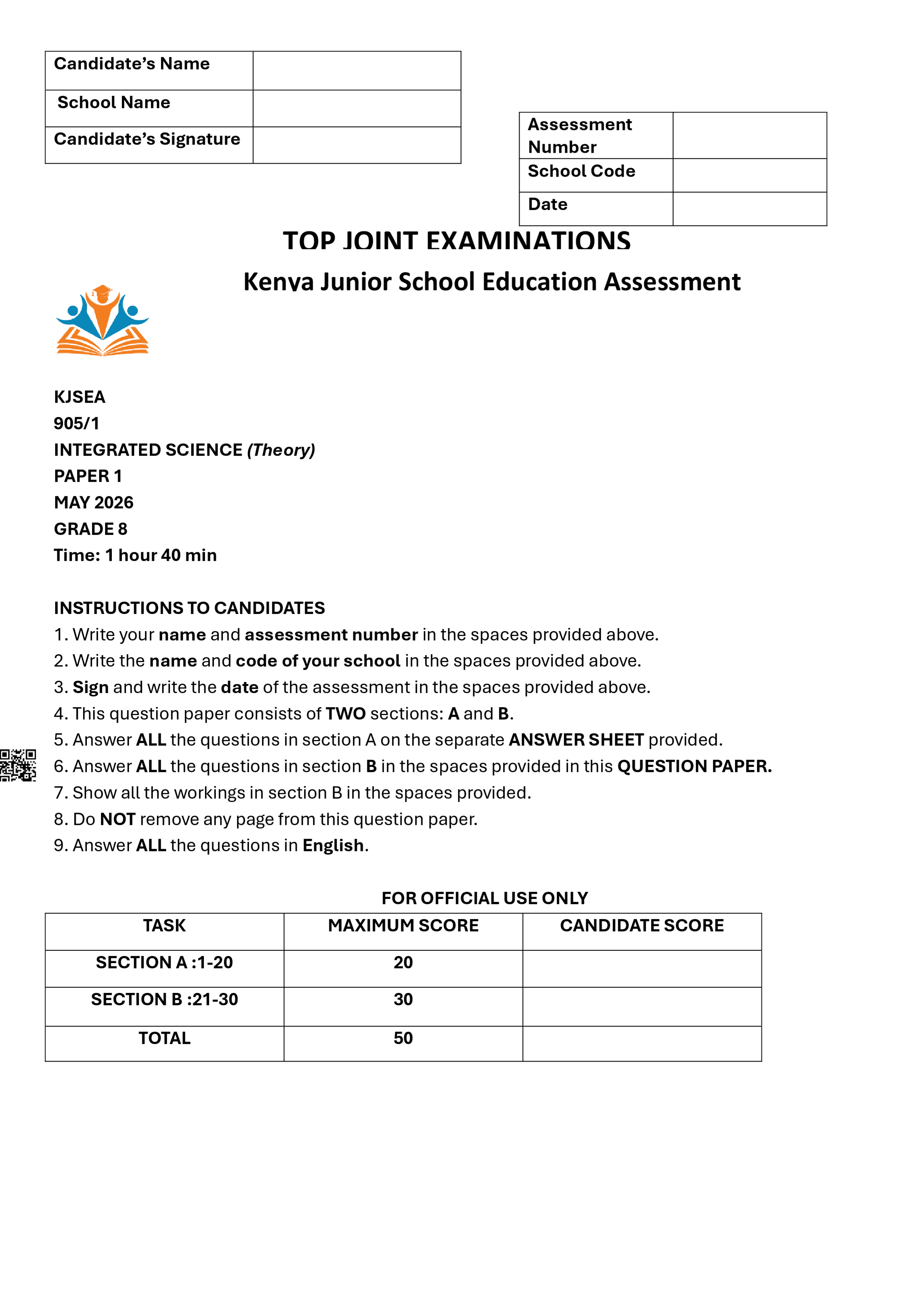 INTEGRATED SCIENCE GRADE 8 OPENER TERM 2 2026
