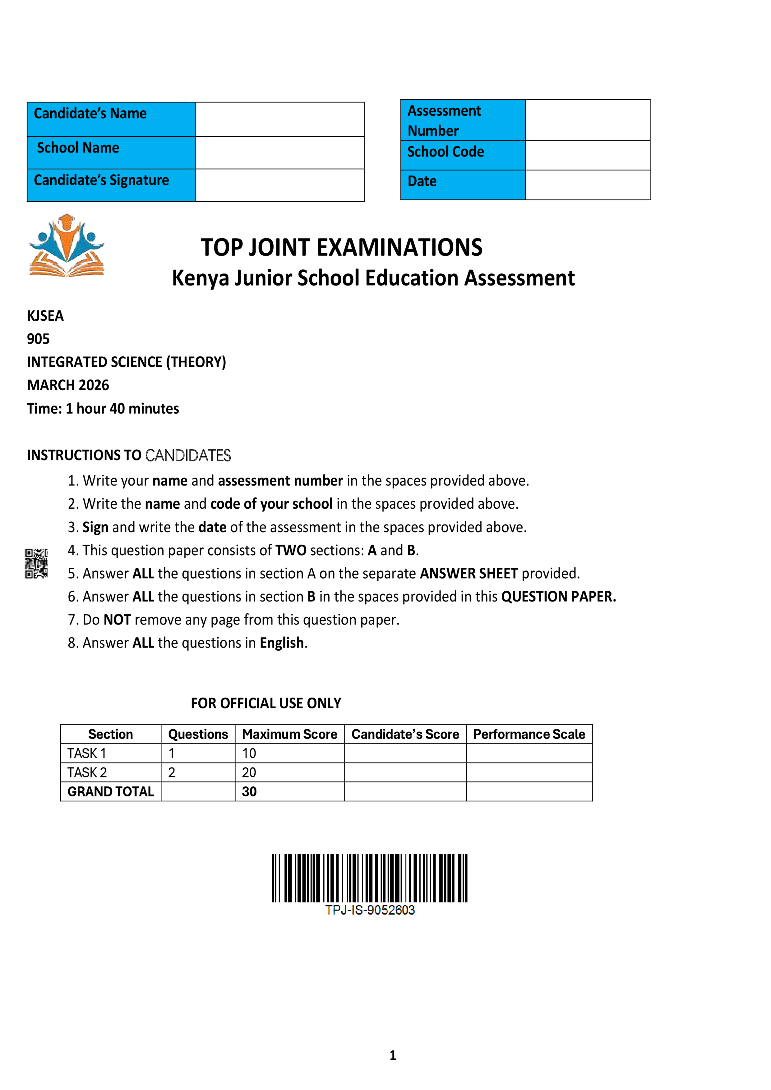 INTEGRATED SCIENCE GRADE 8 PAPER 2 END TERM 1 2026